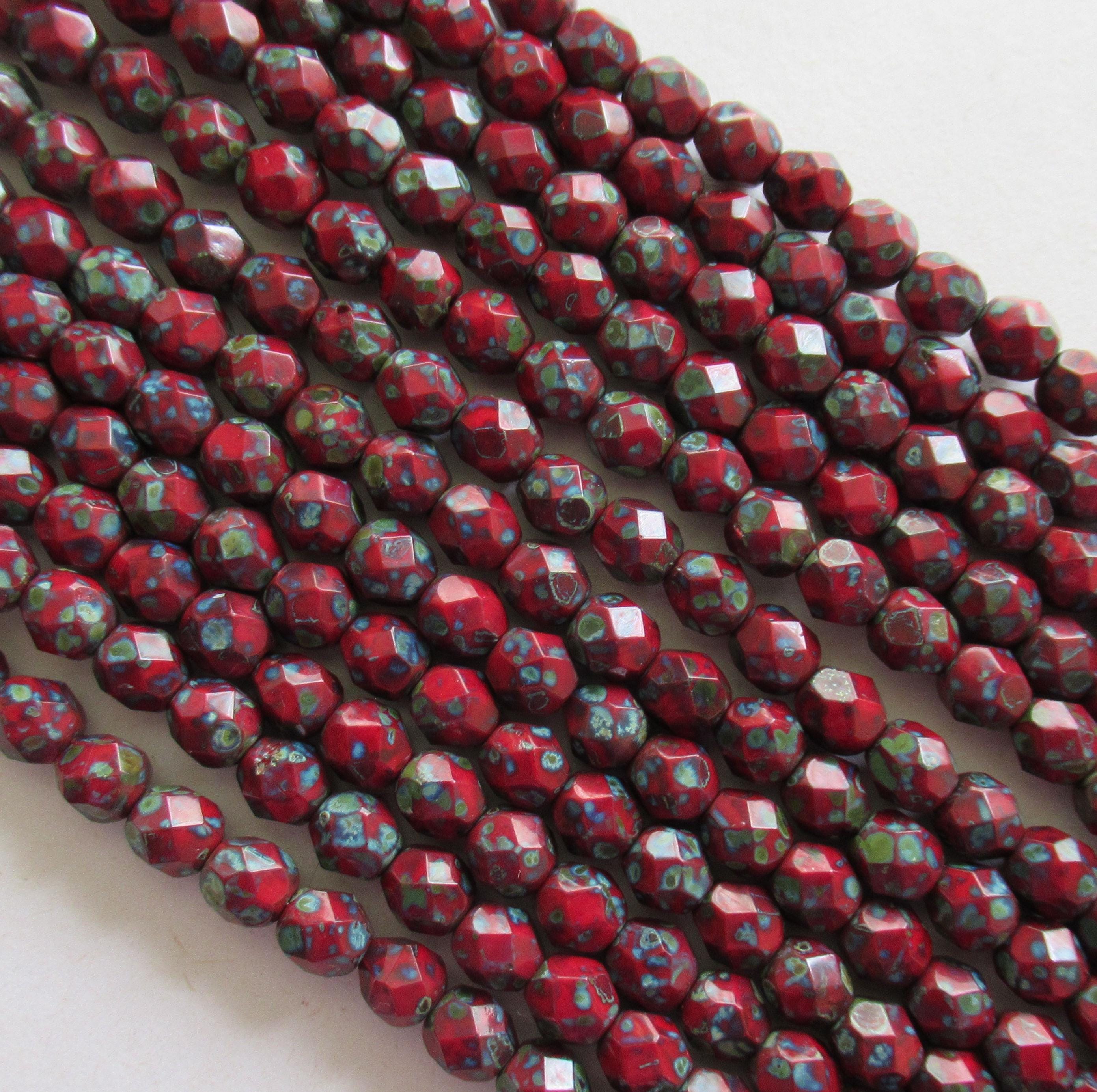 25 6mm - Czech glass faceted beads - opaque red w/ full picasso coat - earthy - rustic - fire polished - round beads C0065