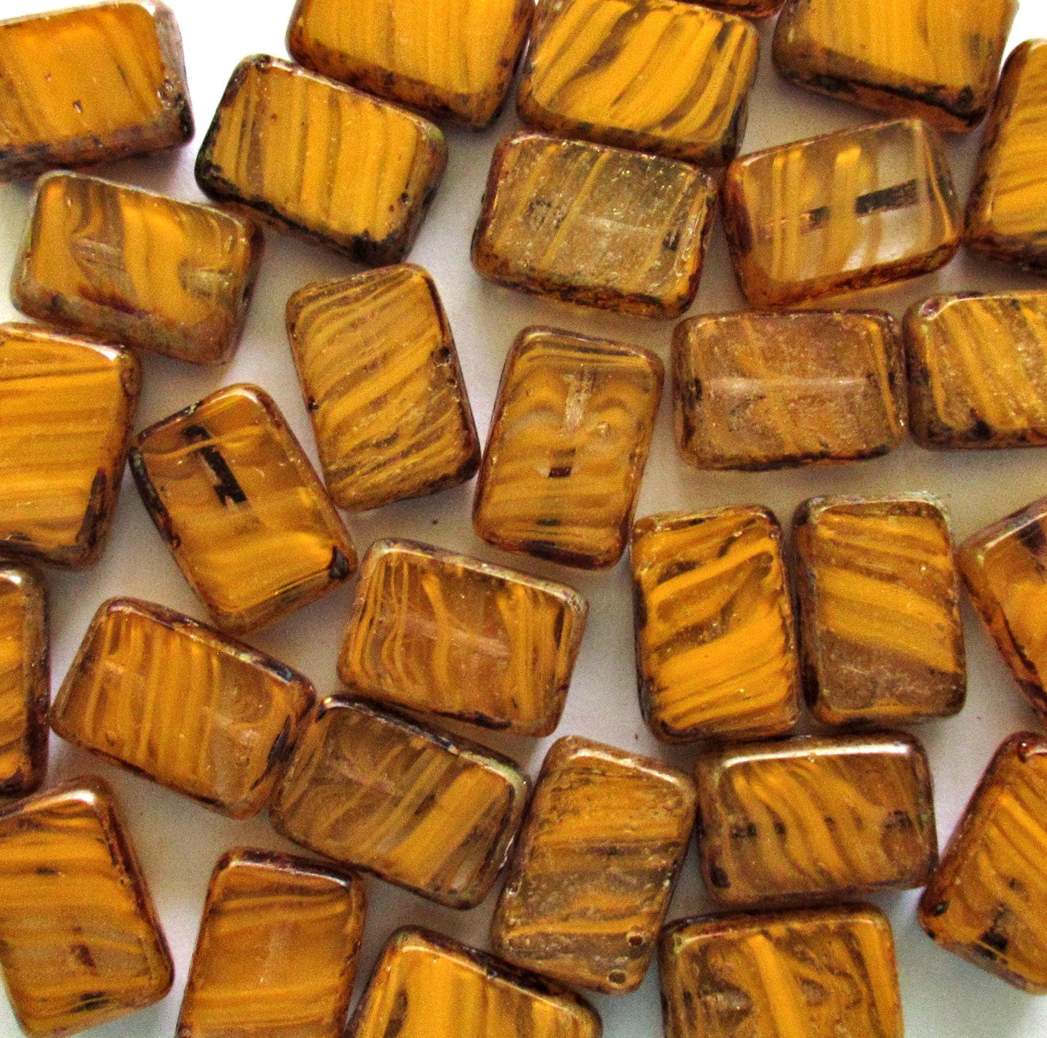 10 Czech glass rectangle beads - burnt orange & crystal clear striped picasso beads - 12 x 8mm - rustic rectangular table cut beads - C00621