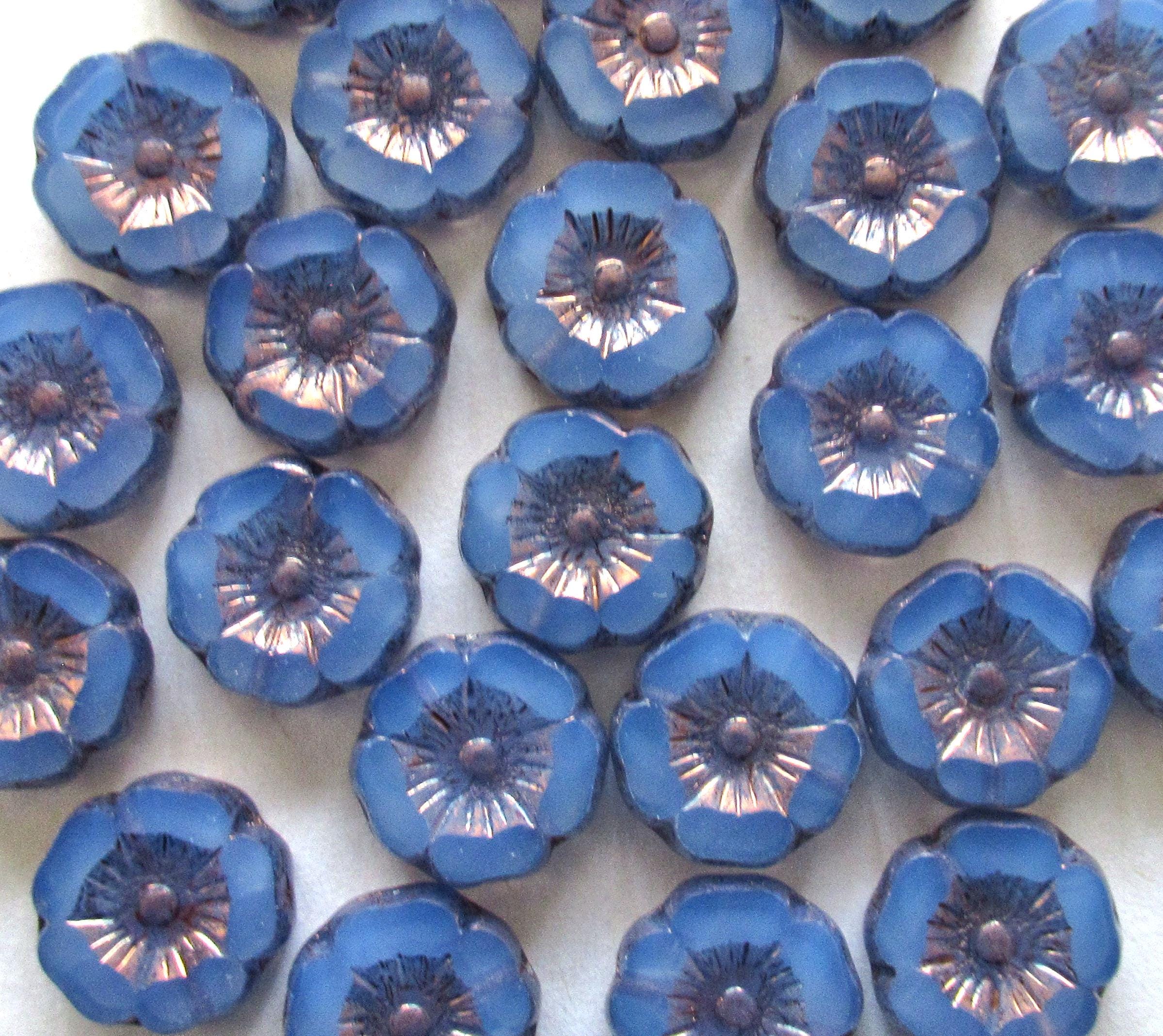 Czech glass flower beads - 12mm - milky blue opal w/ purple bronze accents - table cut carved - Hawaiian hibiscus flowers - 8 beads - C0822