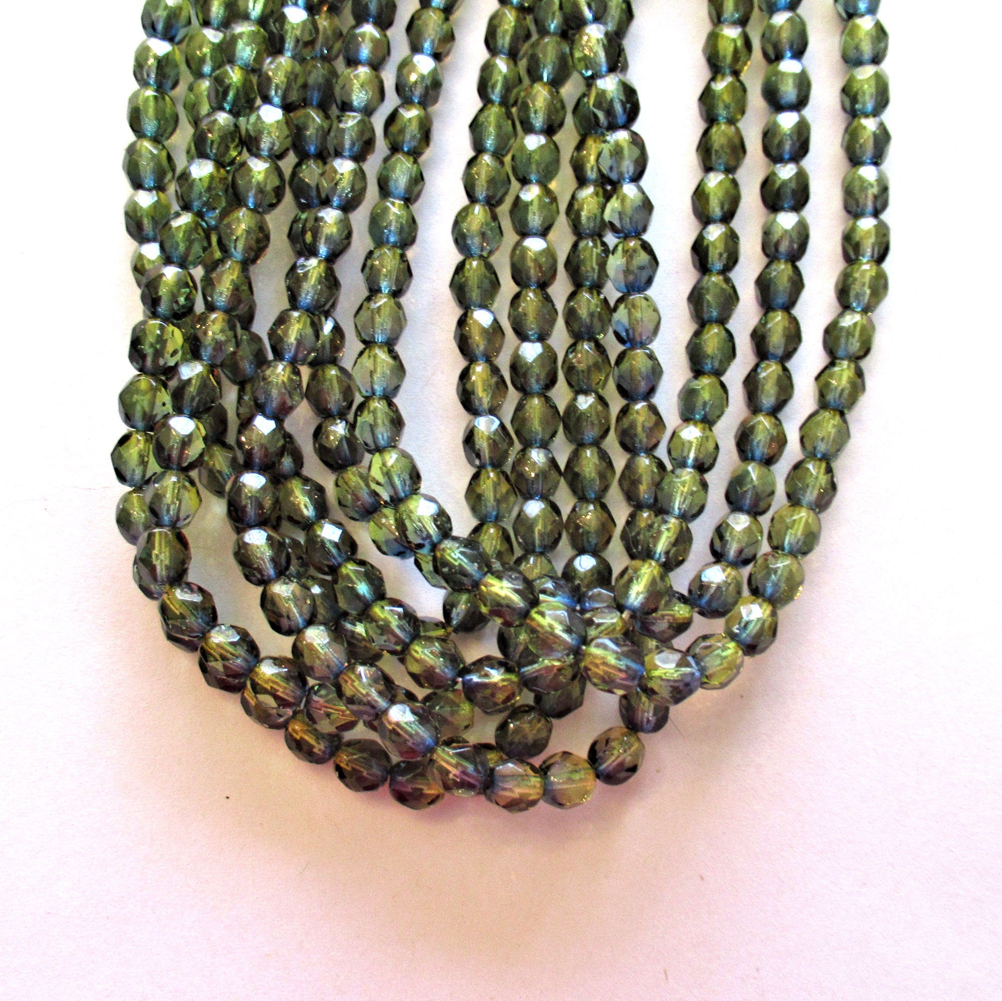 25 6mm Czech glass beads - olivine Green & blue color mix fire polished, faceted beads - C0037