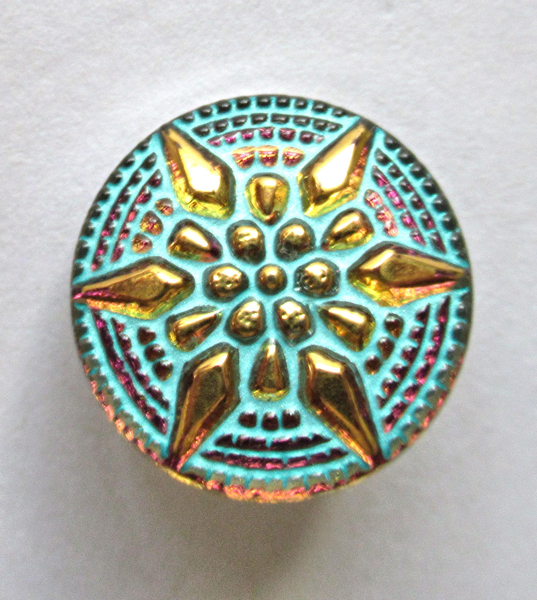 One 18mm Czech glass star button - pink & orange glass with a turquoise wash - verdigris look decorative shank button 00052