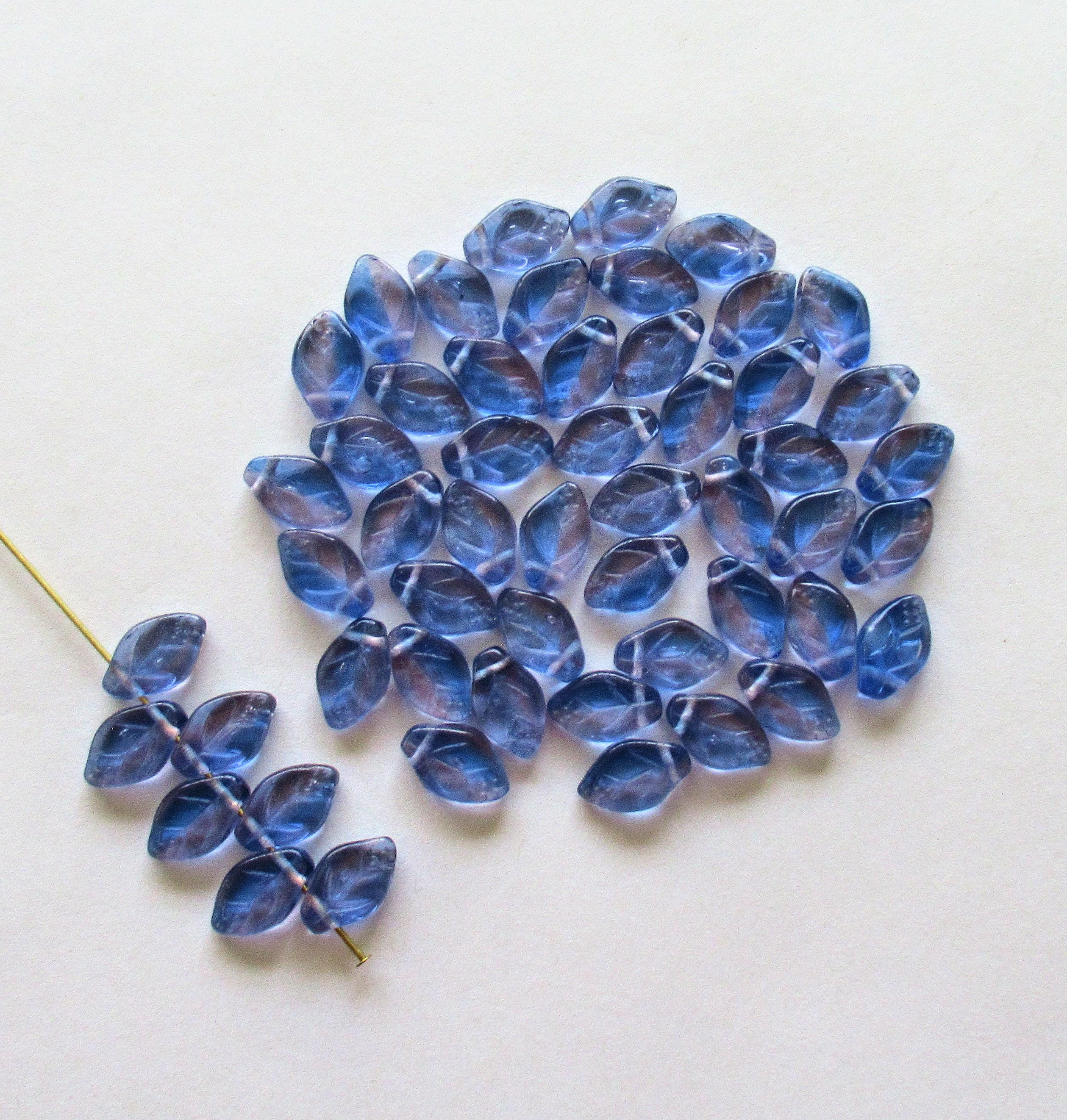 25 Czech glass leaf beads bright -light blue & purple marbled mix - 12 x 8mm - side drilled leaves - C00501
