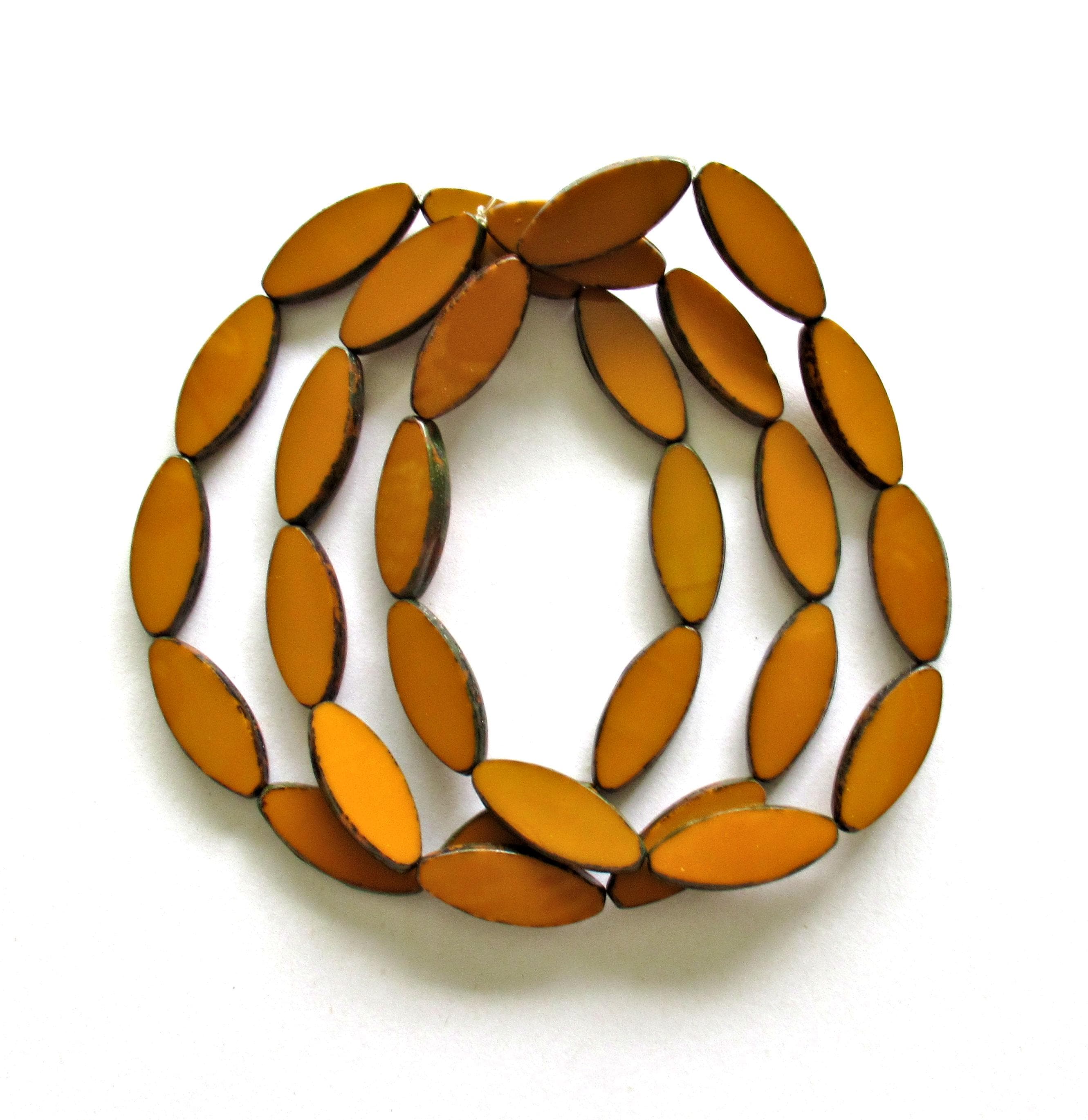 Ten large Czech glass spindle beads - opaque pumpkin orange picasso beads - 20 x 9mm - table cut almond shaped oval beads - C00122