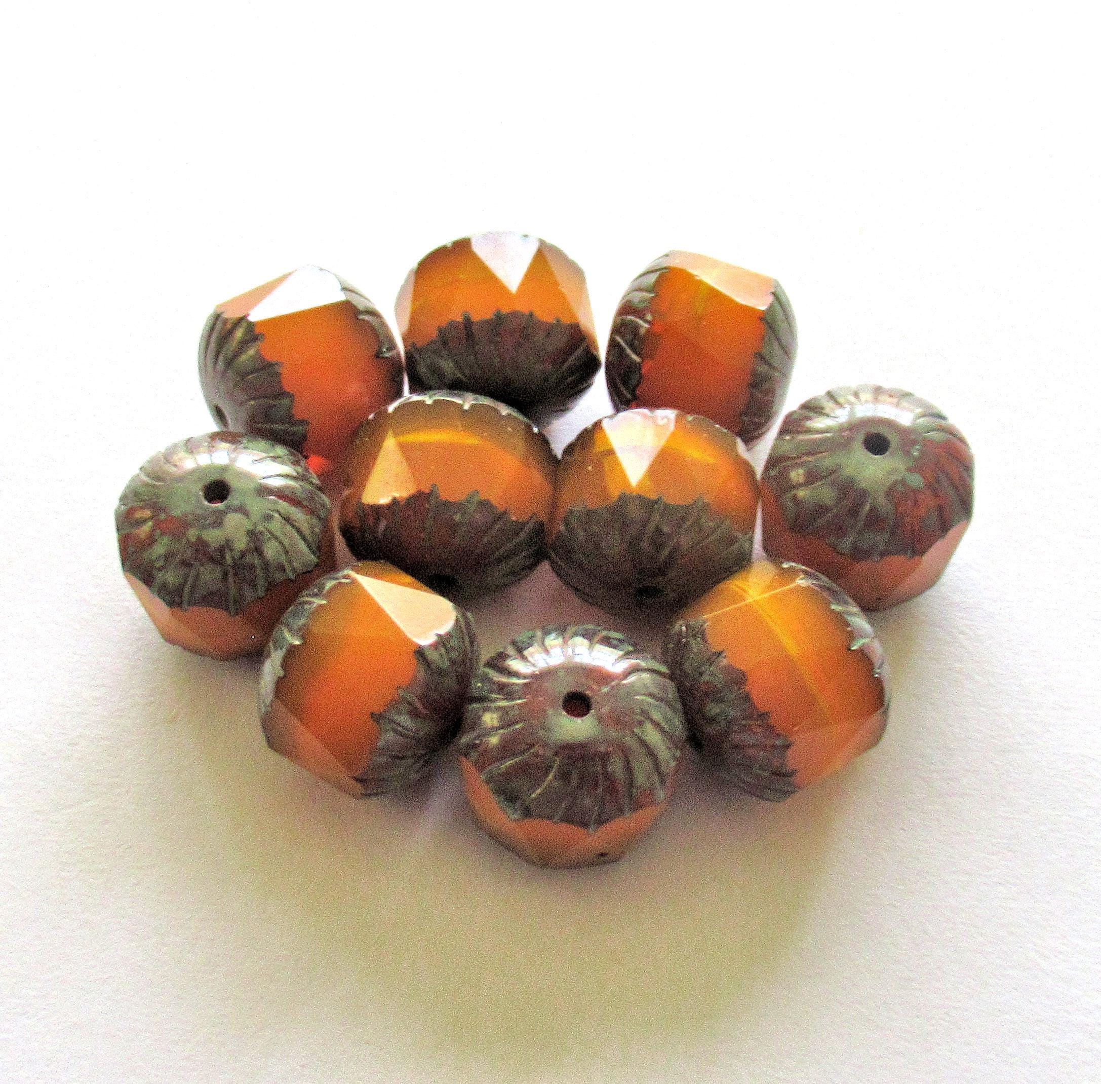 Ten large Czech glass center faceted carved cruller beads - 10mm - round pumpkin orange opal cathedral beads with picasso accents - 00005