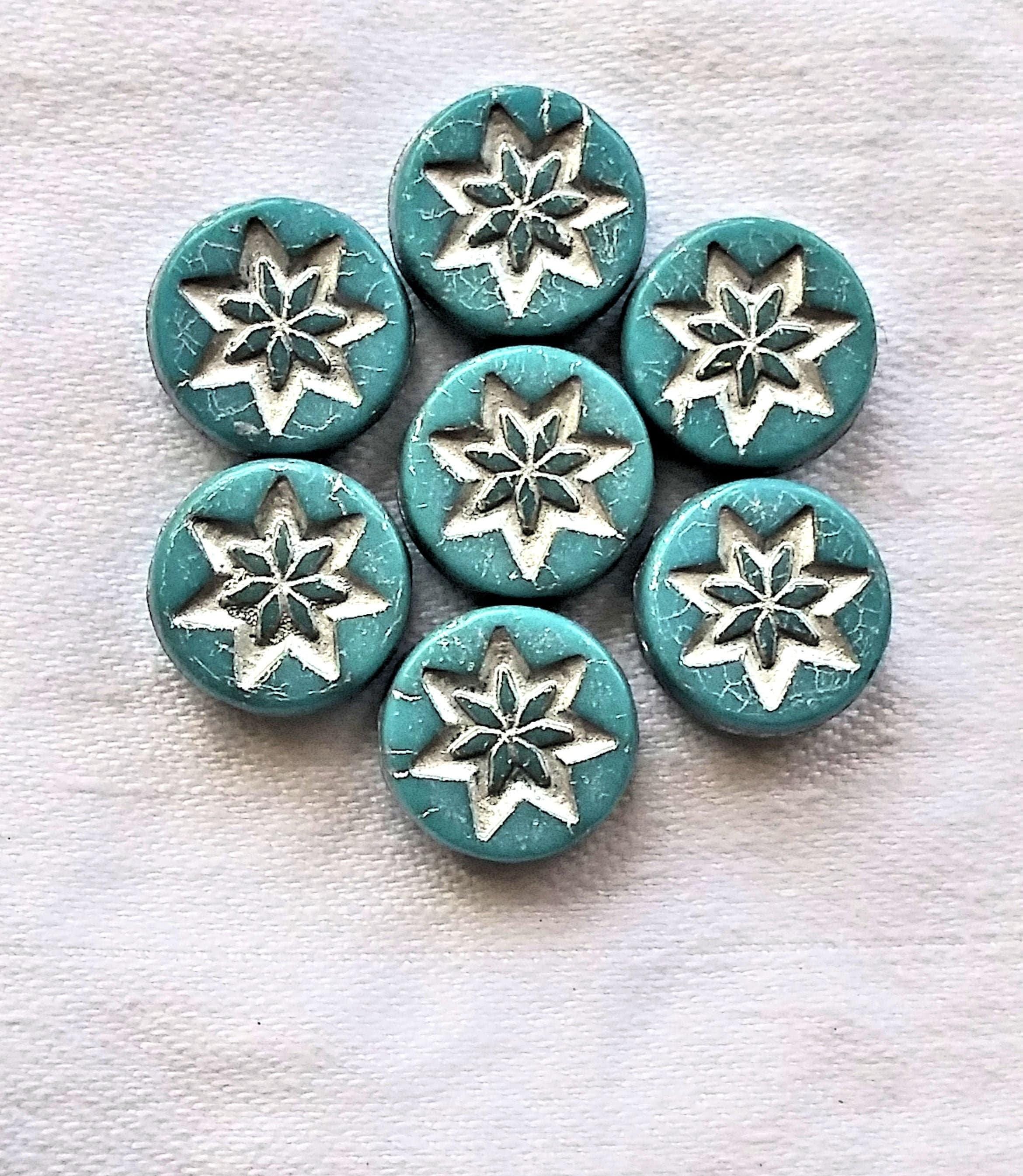 Ten 13mm coin or disc flower beads - opaque arctic blue with a silver wash - Czech glass star beads - 4.5mm thick C08201