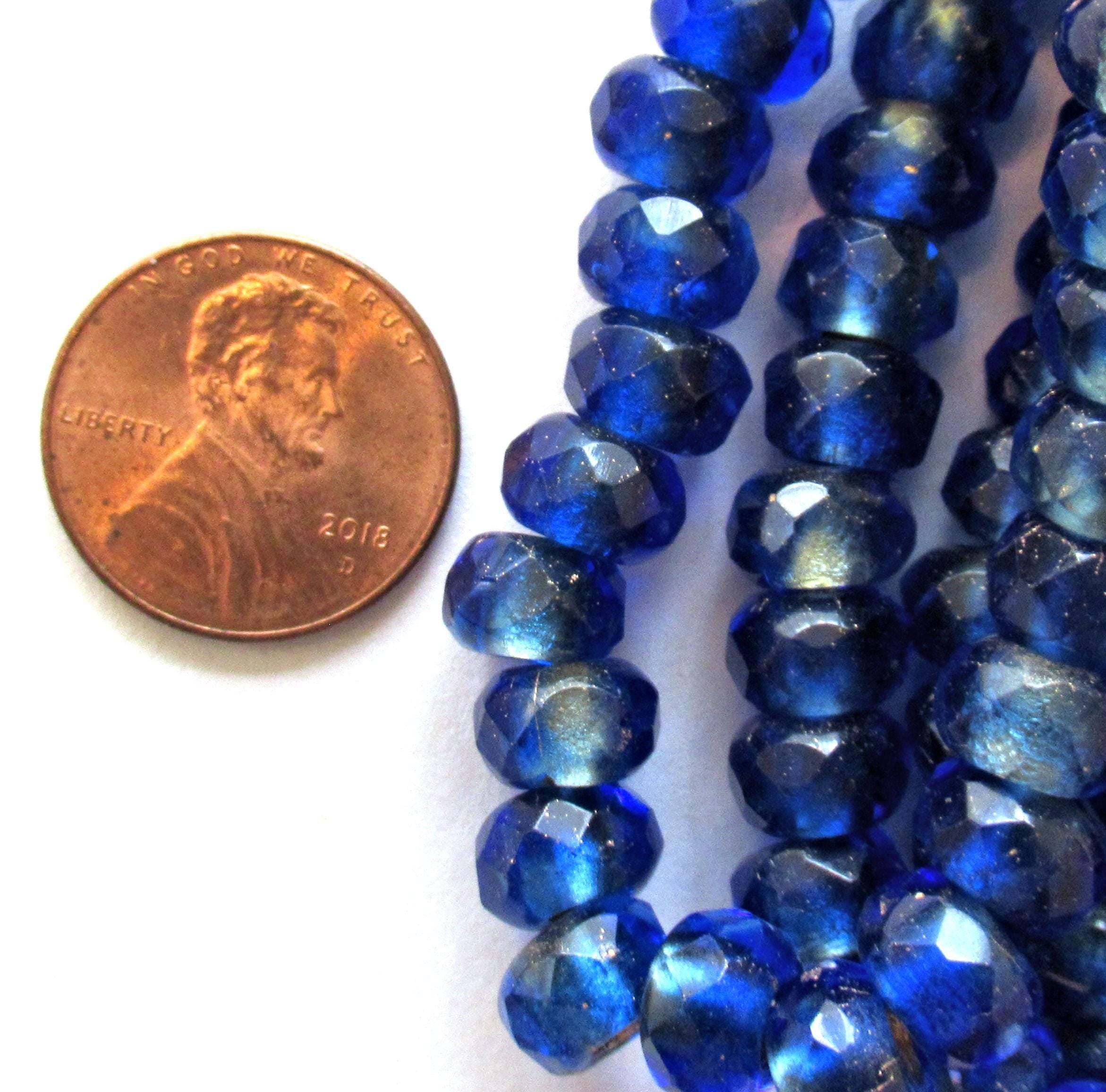 Ten Czech glass roller beads - 9 x 6mm matte sapphire blue gold lined beads - faceted rondelles big 3.5mm hole beads C00621