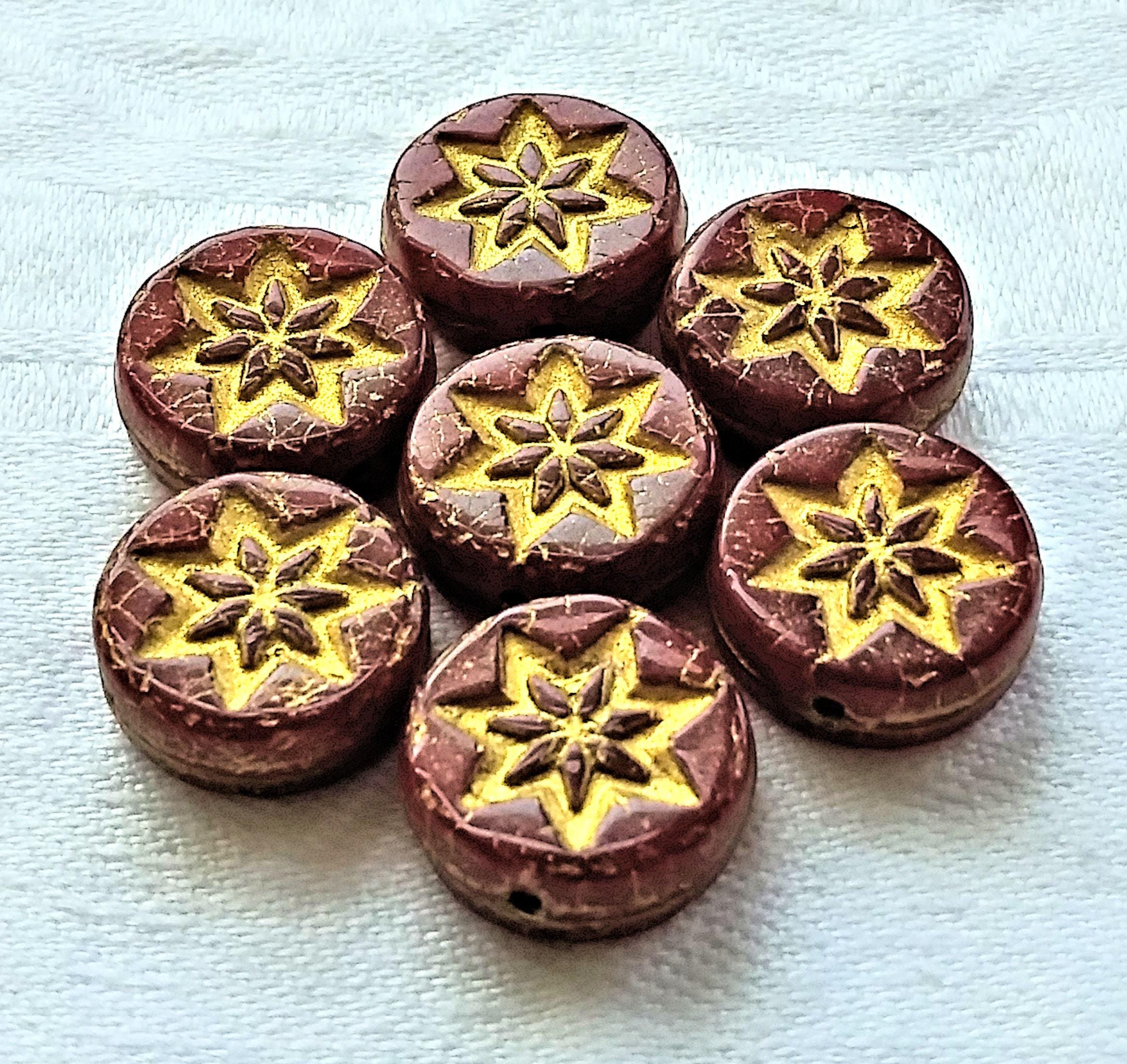 Ten 13mm coin or disc flower beads - translucent red opal with a gold wash - Czech glass star beads - 4.5mm thick C08201