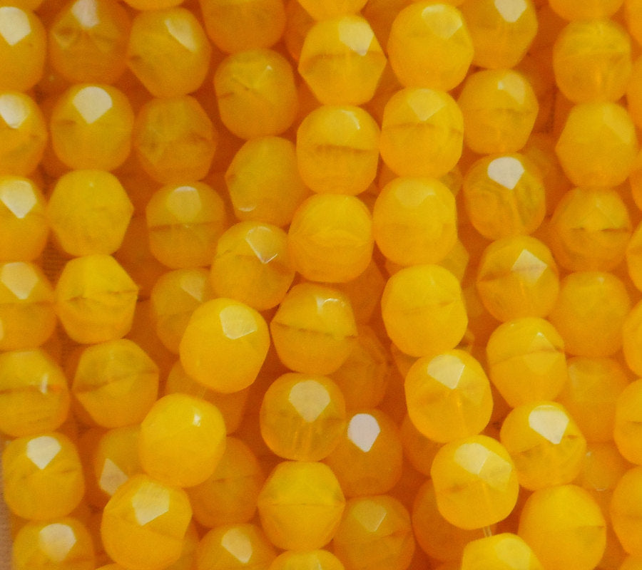 24 6mm Milky Yellow Czech glass beads, bright yellow fire polished, faceted round beads, C7401