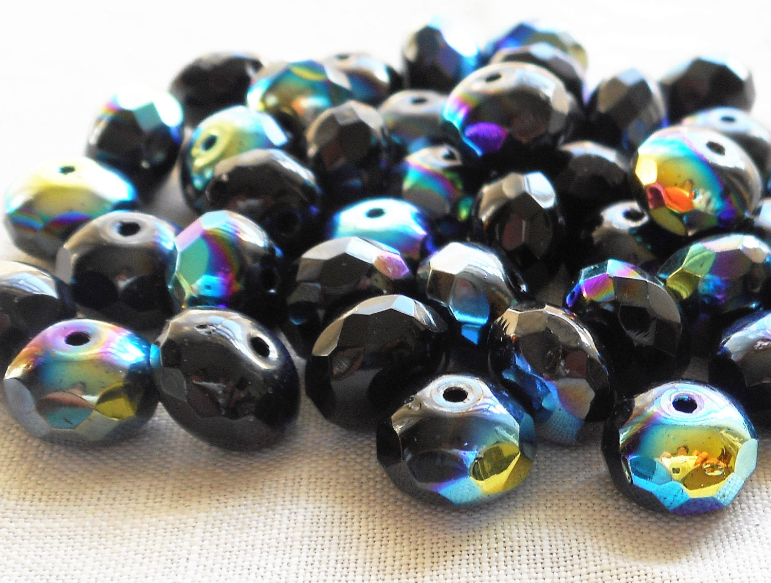25 9 x 6mm Jet black AB faceted puffy rondelles Czech glass beads 7725