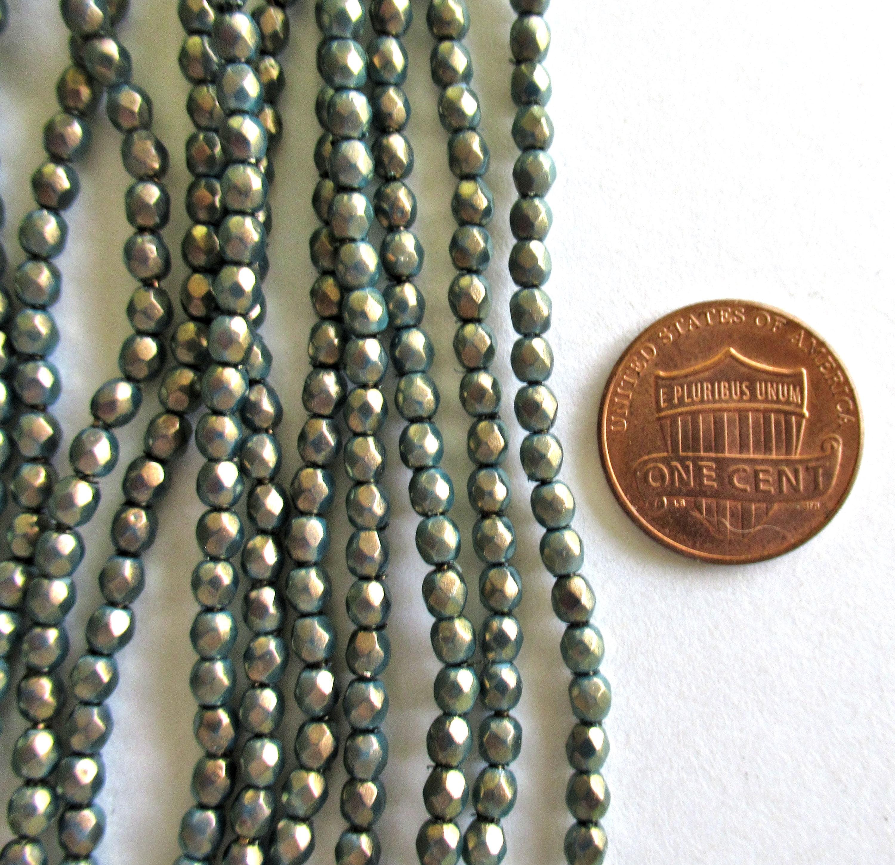 Fifty 3mm Czech glass beads - Halo Ethereal Azurite - opaque blue beads w/ gold finish - fire polished faceted round beads - C0087