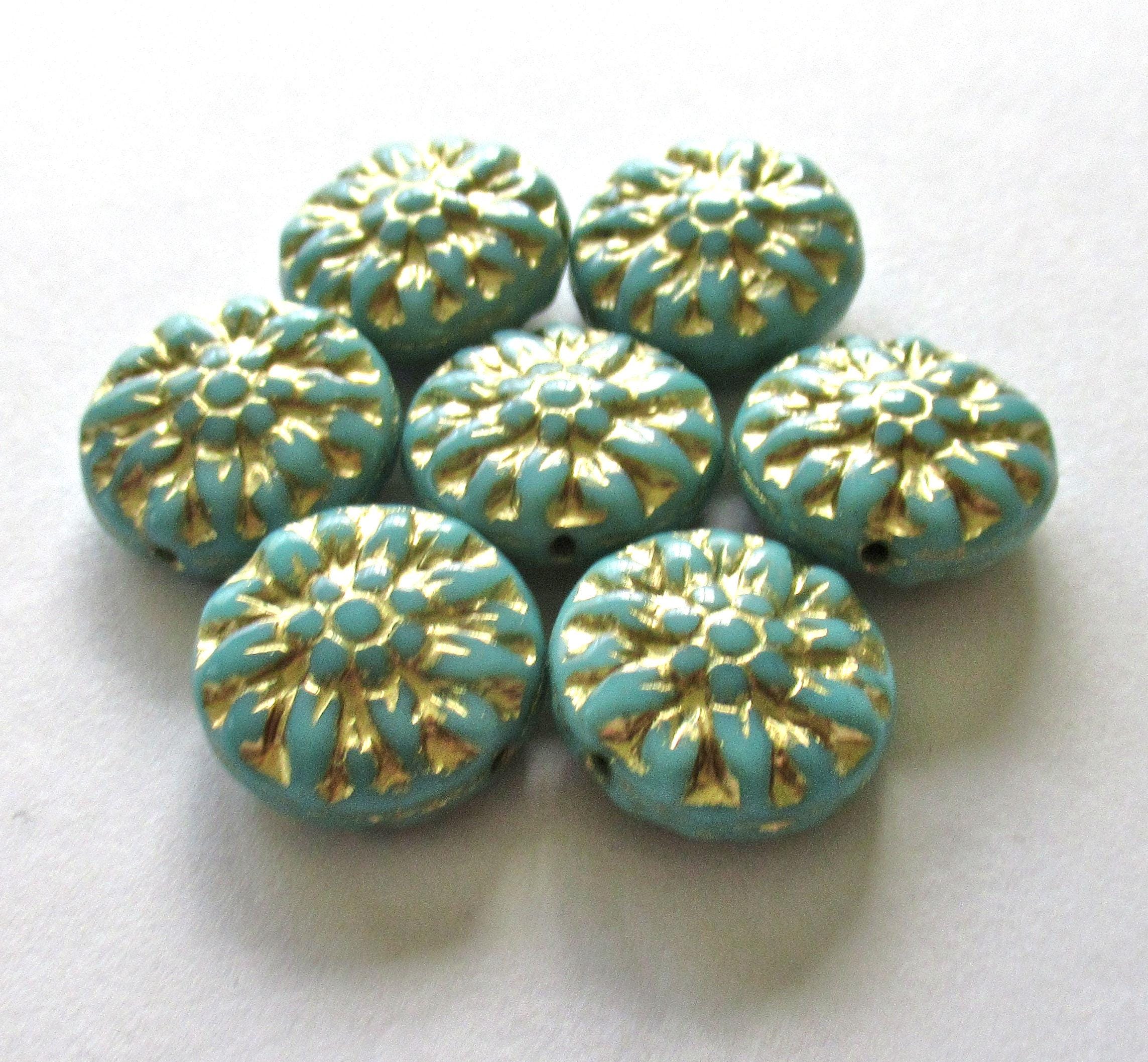 Six 14mm Czech glass Dahlia flower beads - light turquoise blue green w/ gold wash - floral puffy disc coin or pillow beads C00021