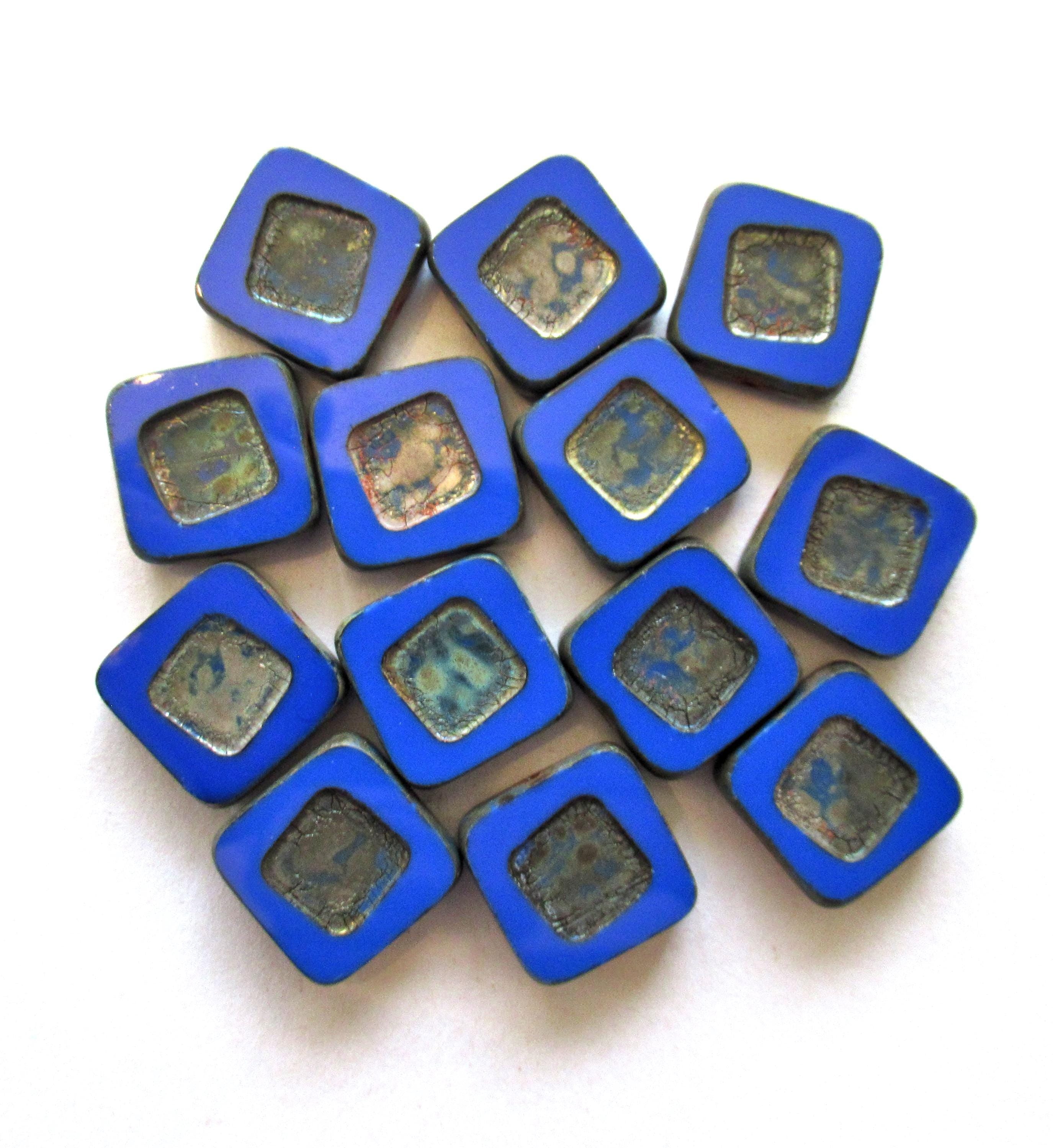 Four large Czech glass square beads - 14 x 14mm - opaque royal blue picasso beads - table cut chunky statement or focal beads C00721