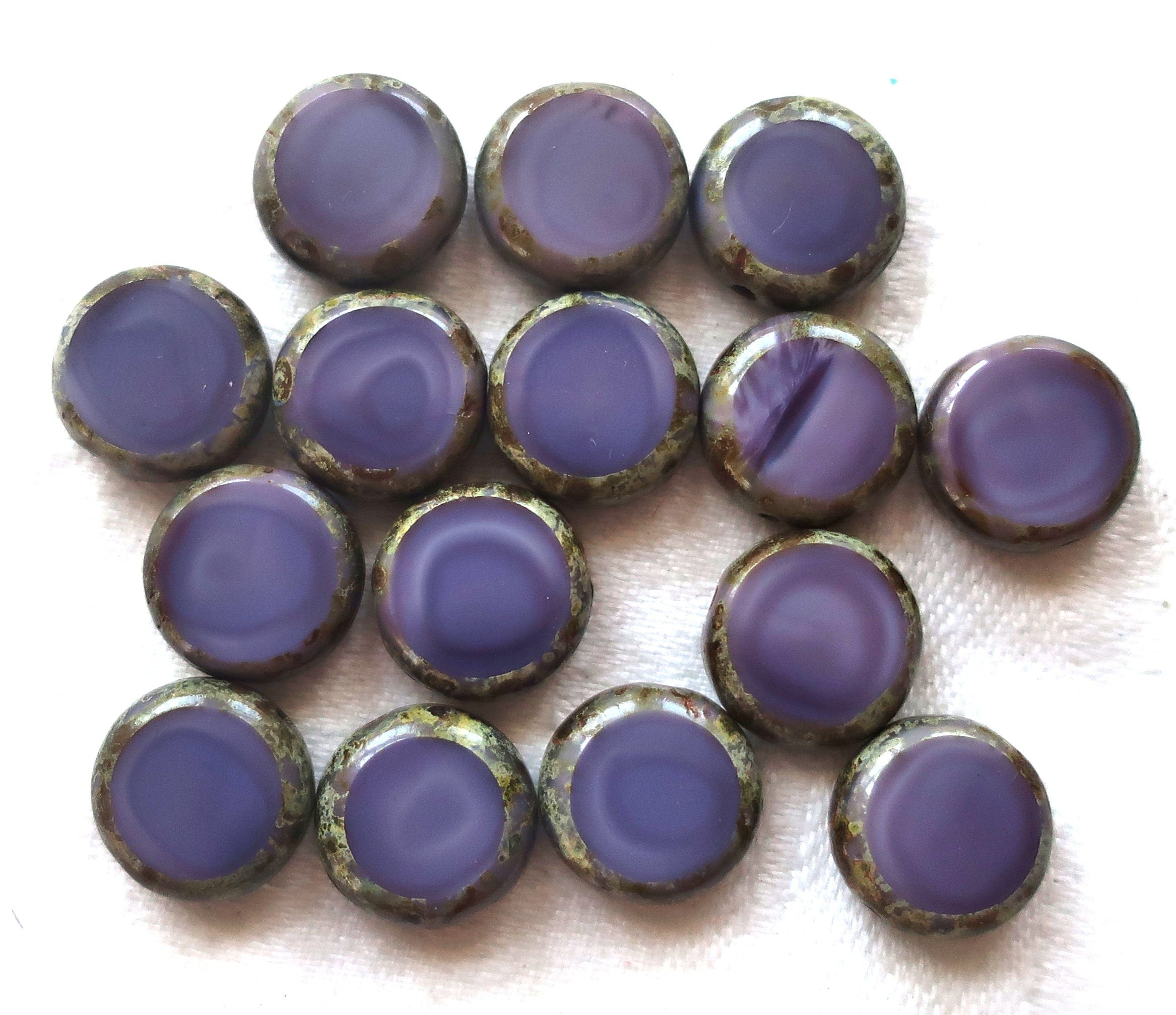 Purple silk Czech glass coin beads - 11mm disc beads - flat round table cut beads - opaque purple silk picasso beads - 10 pieces - 000171