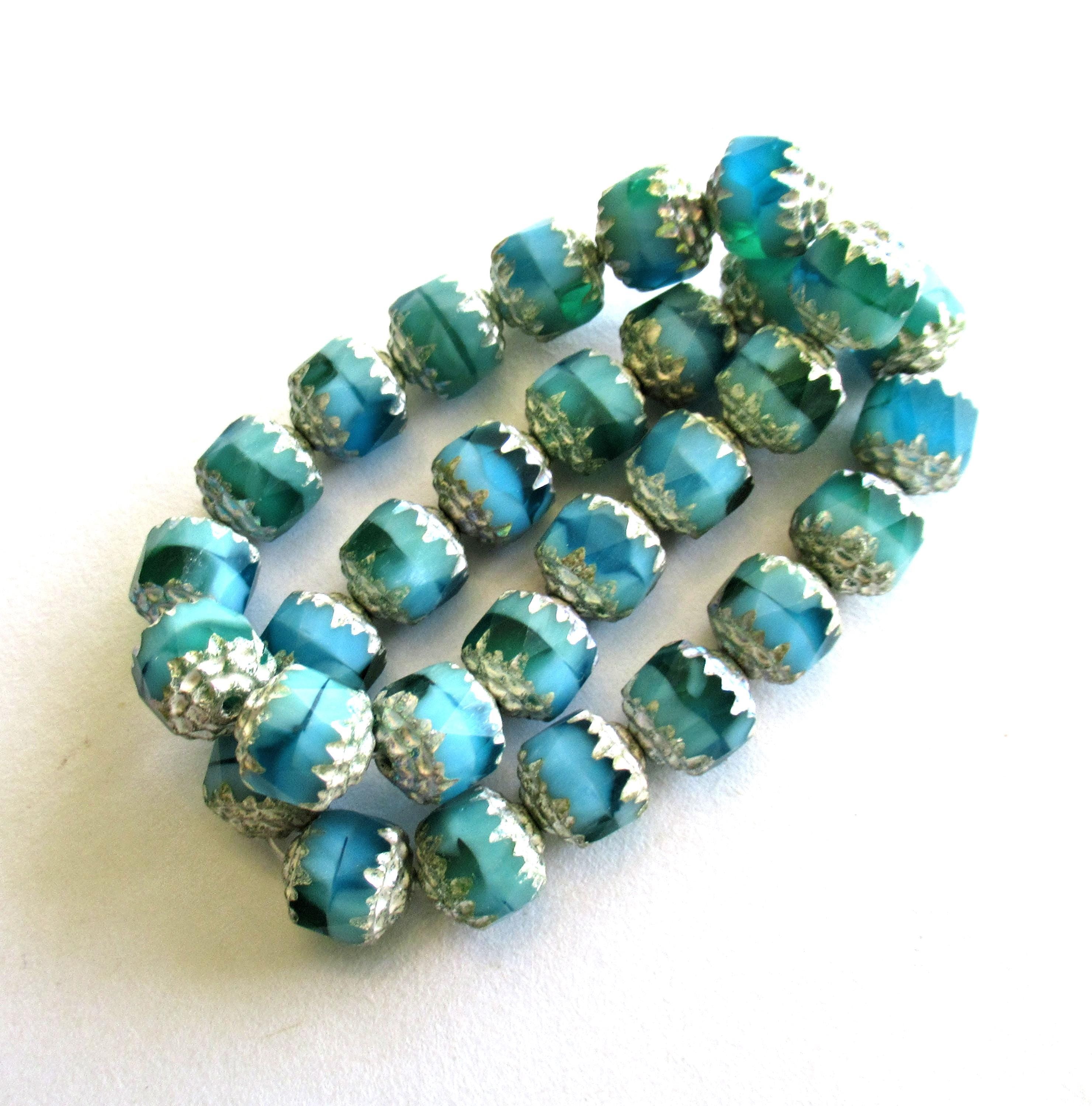 Fifteen 8mm Czech glass cathedral beads - blue & green mix w/ antique silver picasso accents - faceted fire polished antique cut beads 00542