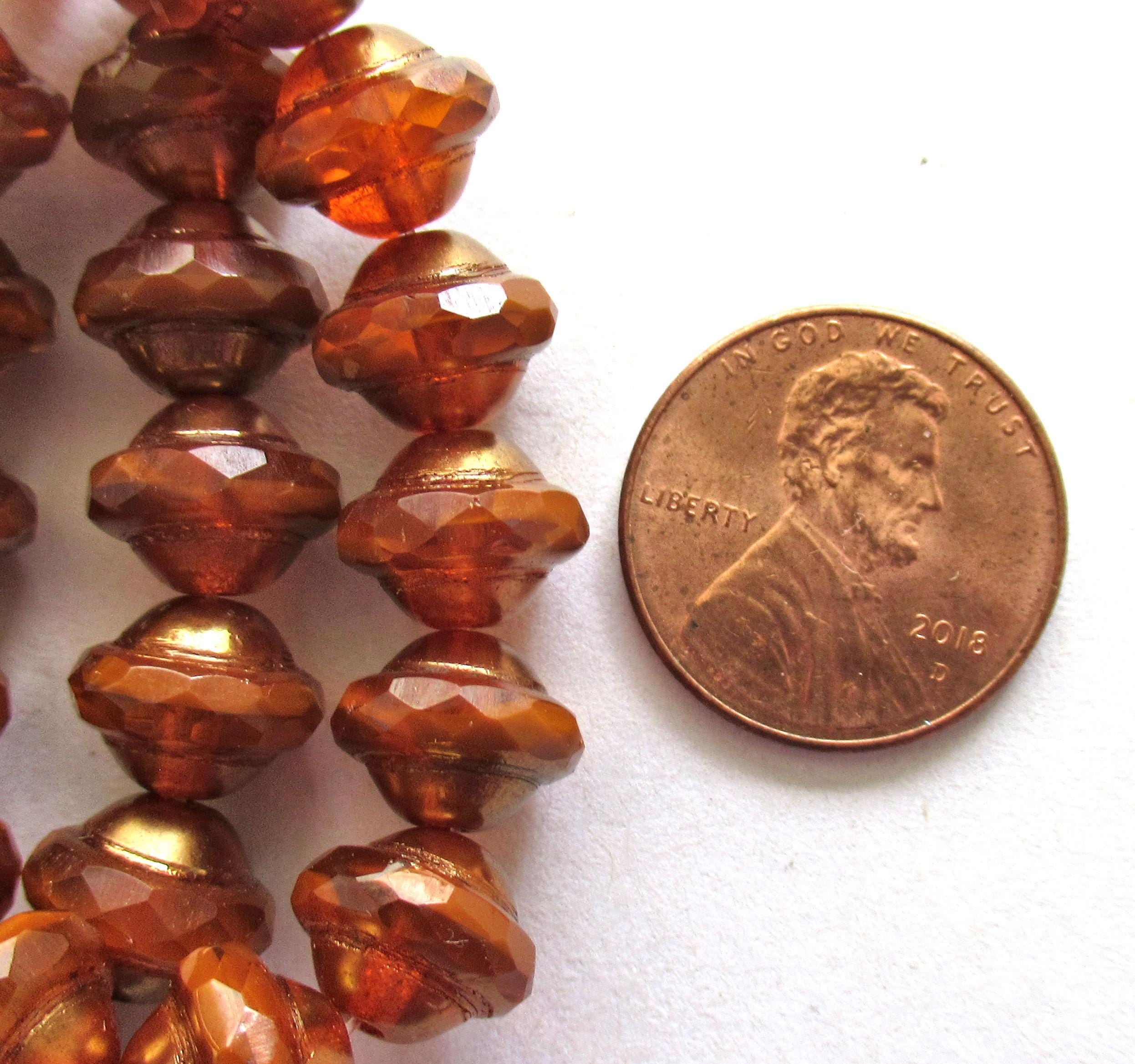Ten Czech glass faceted saturn saucer beads - 8 x 10mm rust pumpkin orange brown w/ bronze picasso accents - C00591