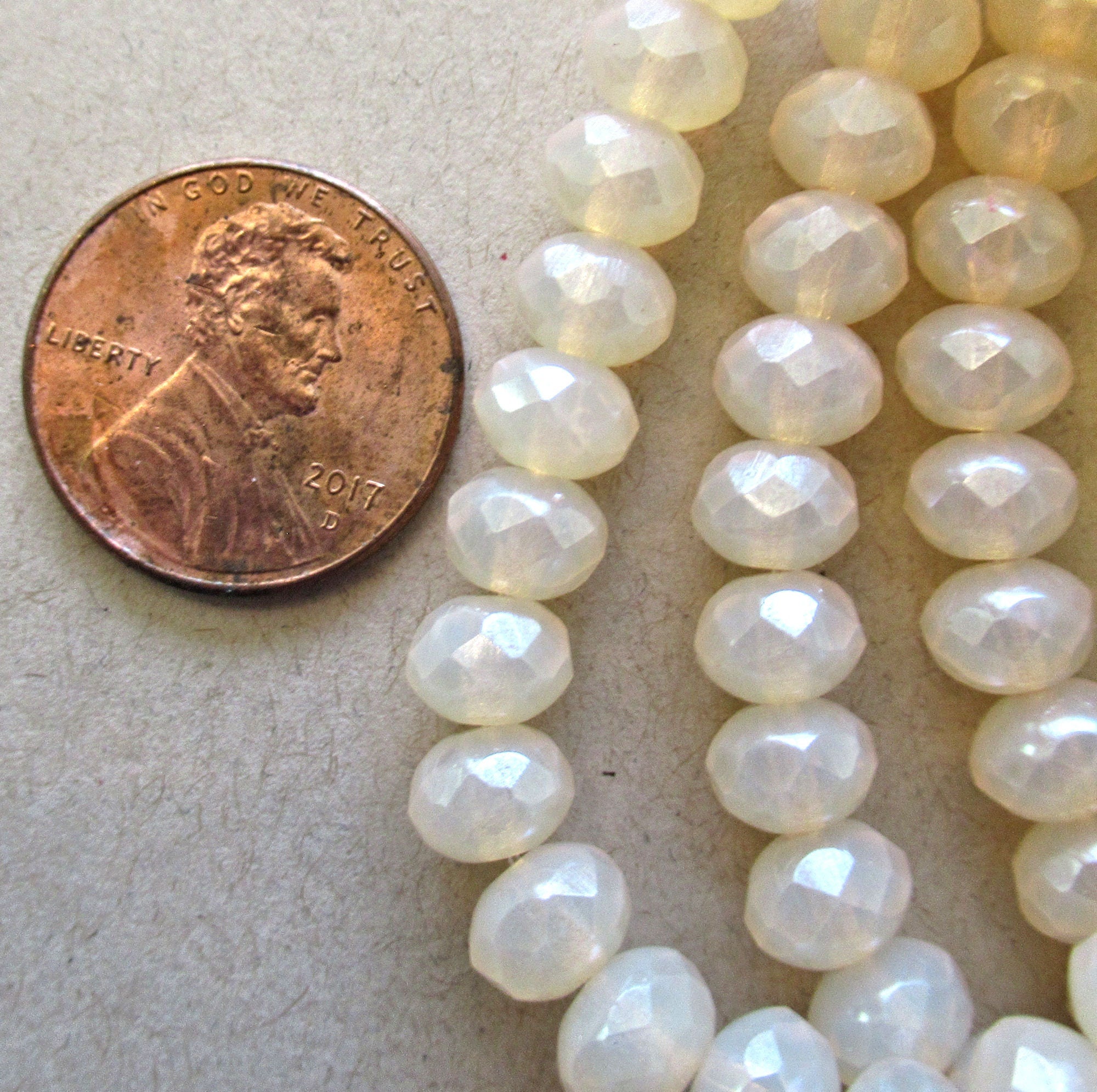 Lot of 25 Czech glass puffy rondelles - translucent beige / off white / milky opalite - 5 x 7mm faceted rondelles 00641