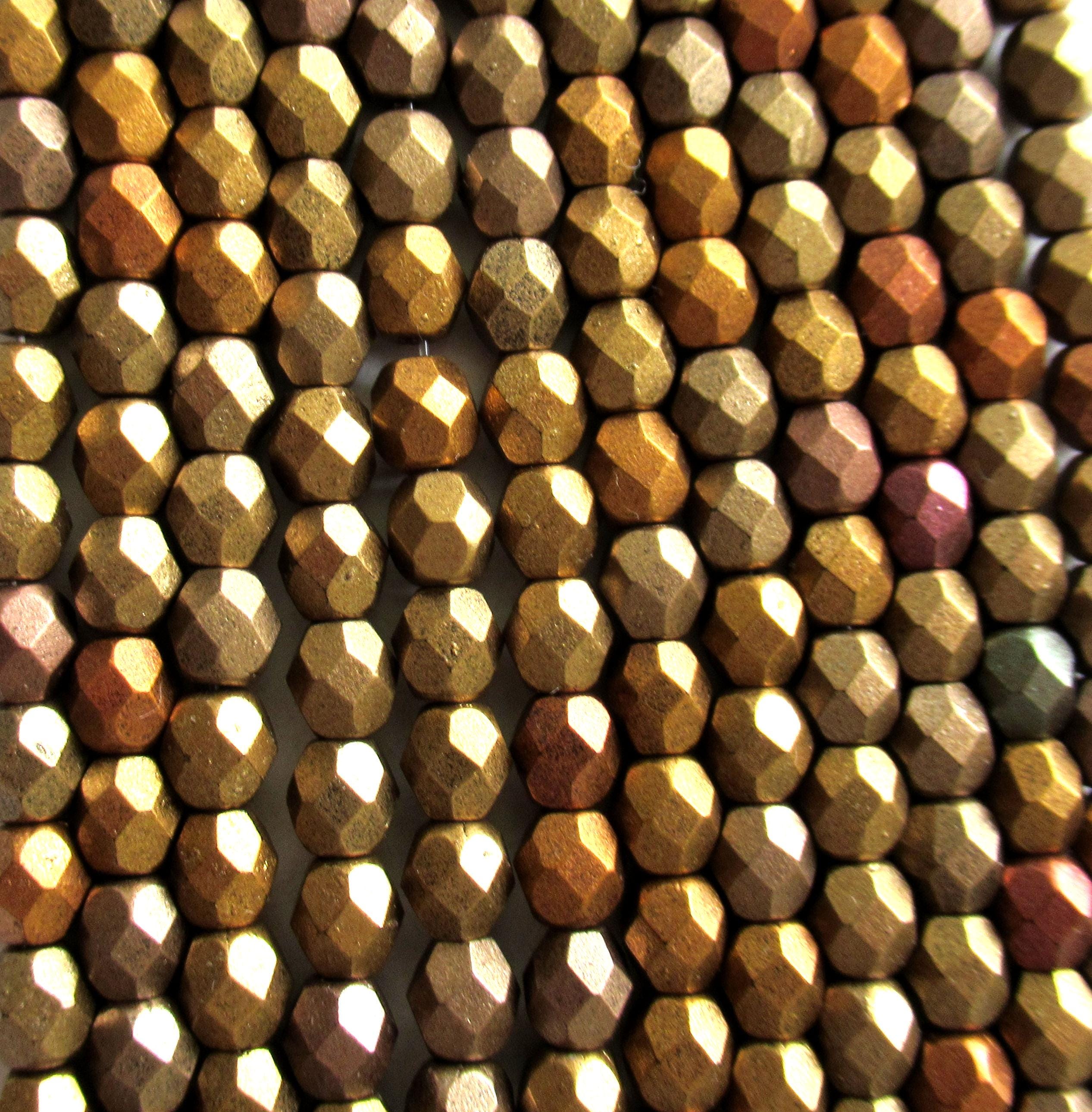 50 4mm Czech glass faceted round beads - matte metallic gold iris - fire polished beads, C1550