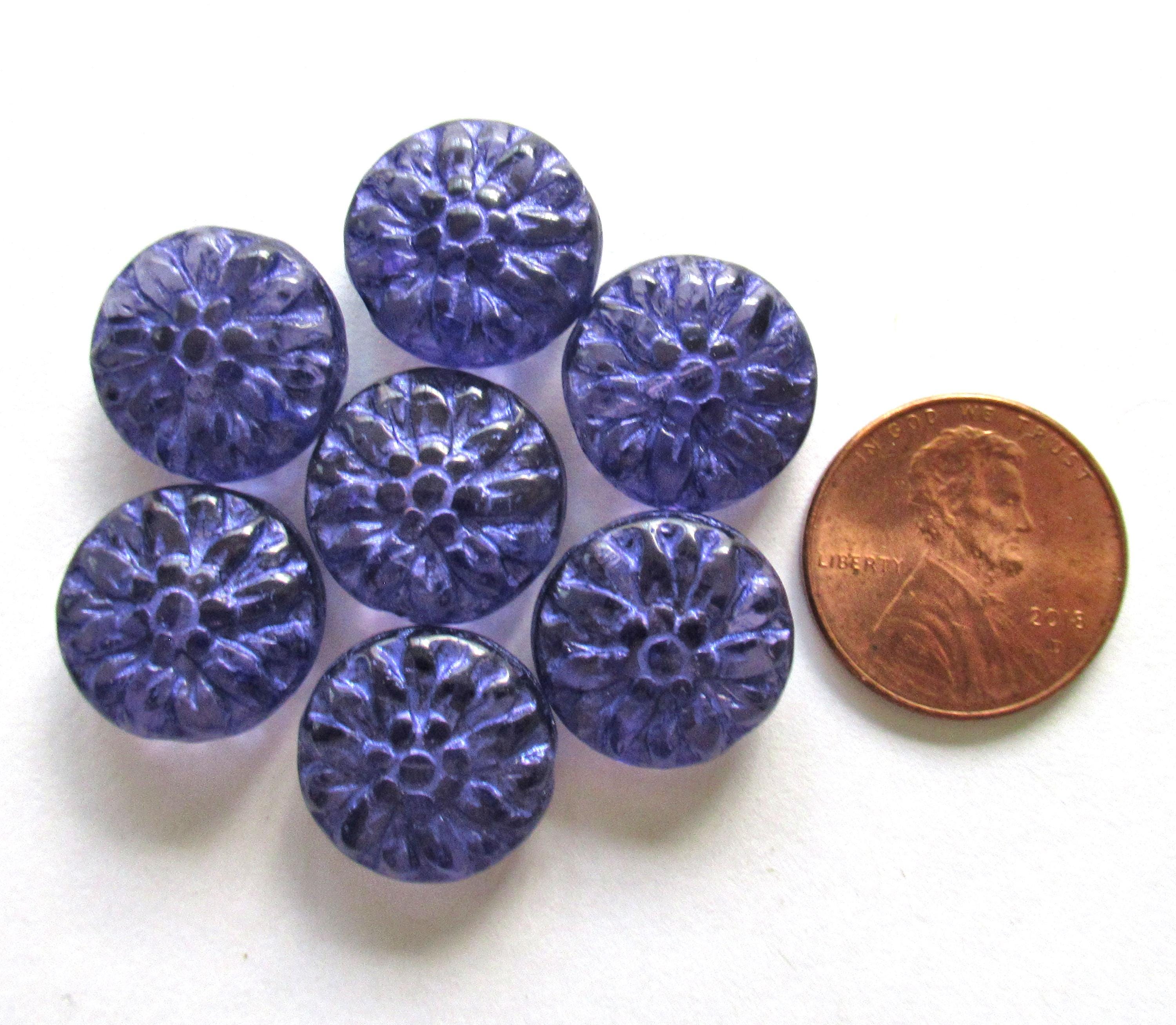 Six 14mm Czech glass Dahlia flower beads - transparent tanzanite purple beads w/ purple wash - puffy pillow coin or disc beads - C0009