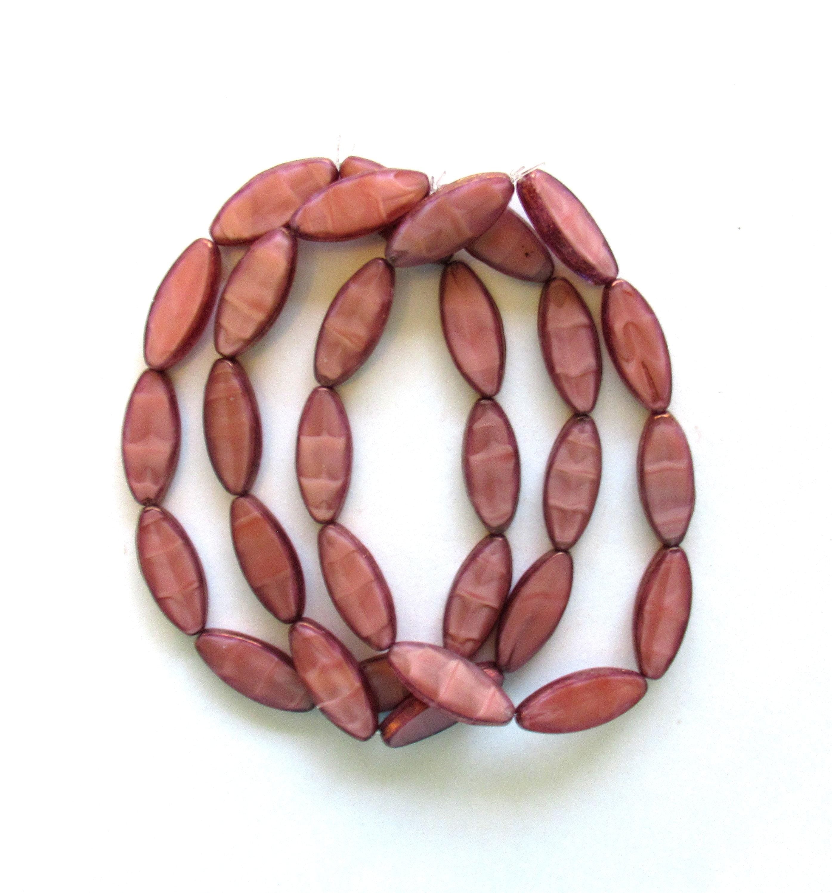 Ten large Czech glass spindle beads - opaque pink silk w/ bronze picasso accents - 20 x 9mm - table cut almond shaped oval beads - C00962