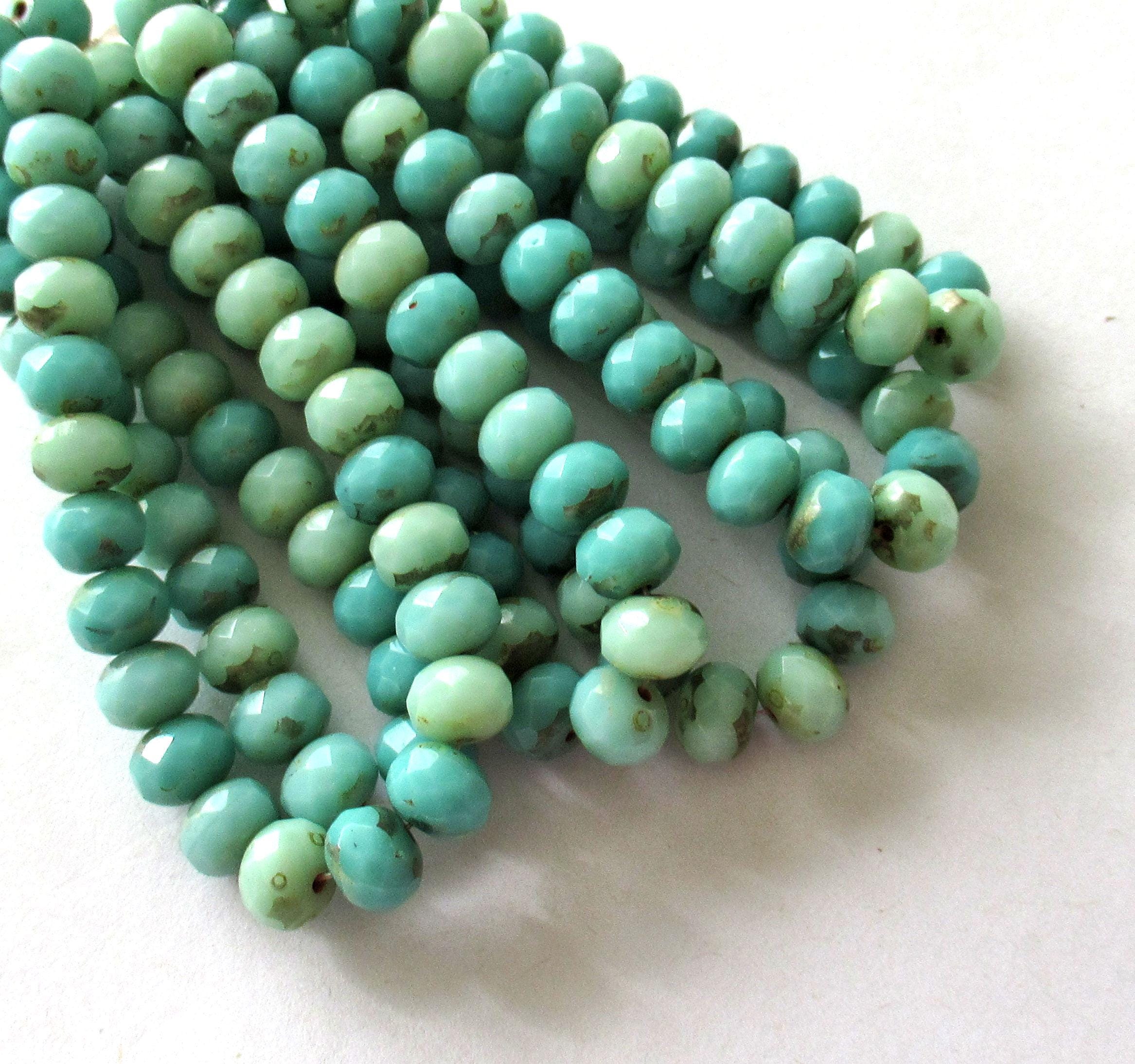 Lot of 25 puffy rondelle beads - opaque turquoise & mint green picasso mix - 5 x 7mm faceted Czech glass rondelles 53101