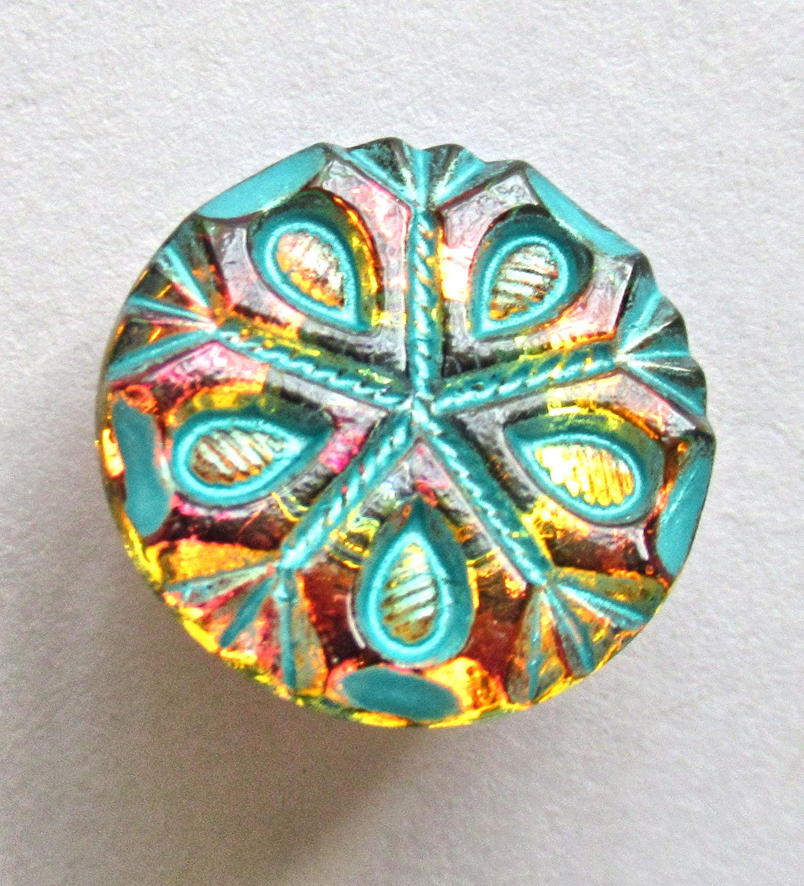 One 18mm Czech glass button - orange & pink iridescent snowflake with a turquoise wash - decorative shank button 00082