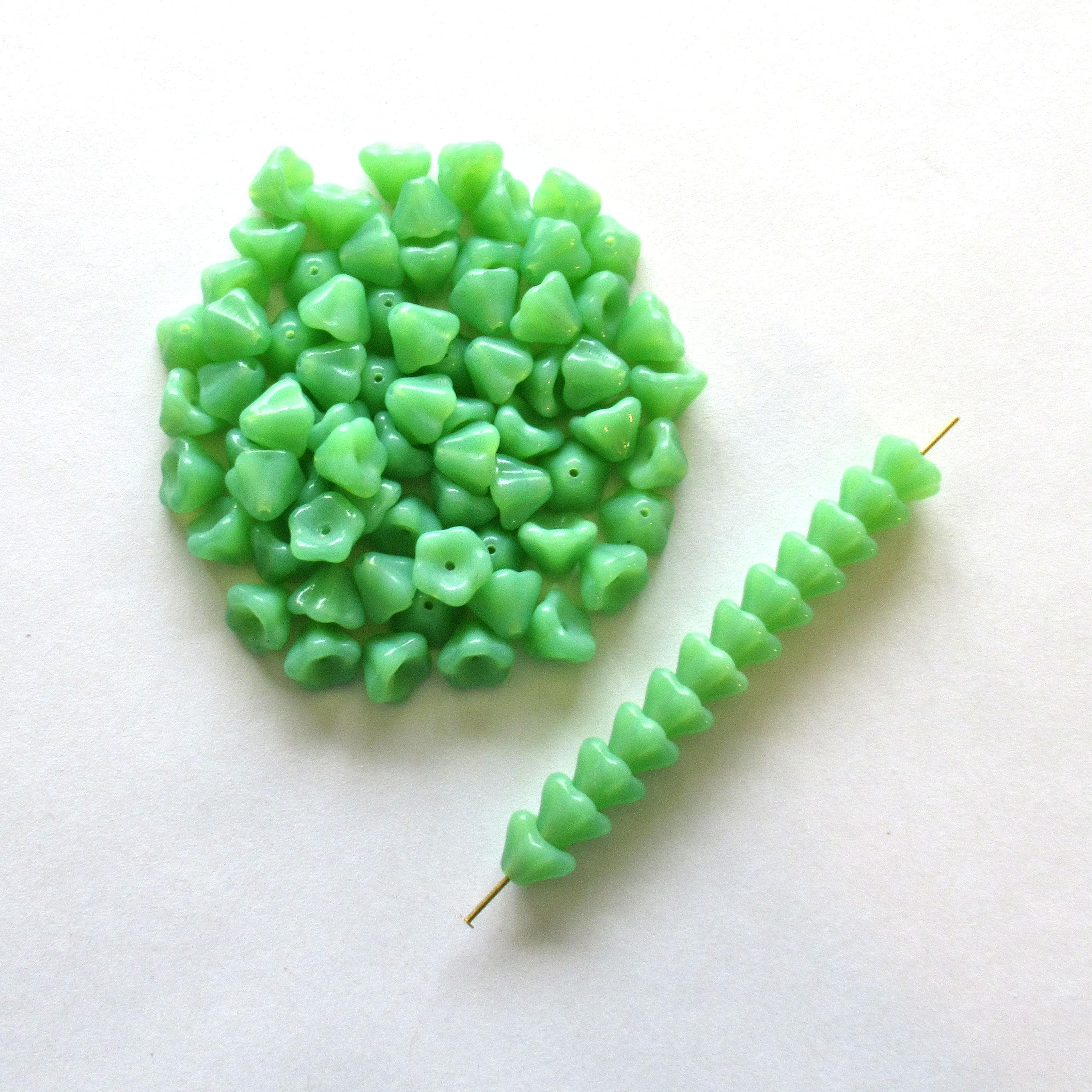 25 Czech glass bell flower beads - jade green opal pressed glass flower beads - 8 x 6mm - C00024