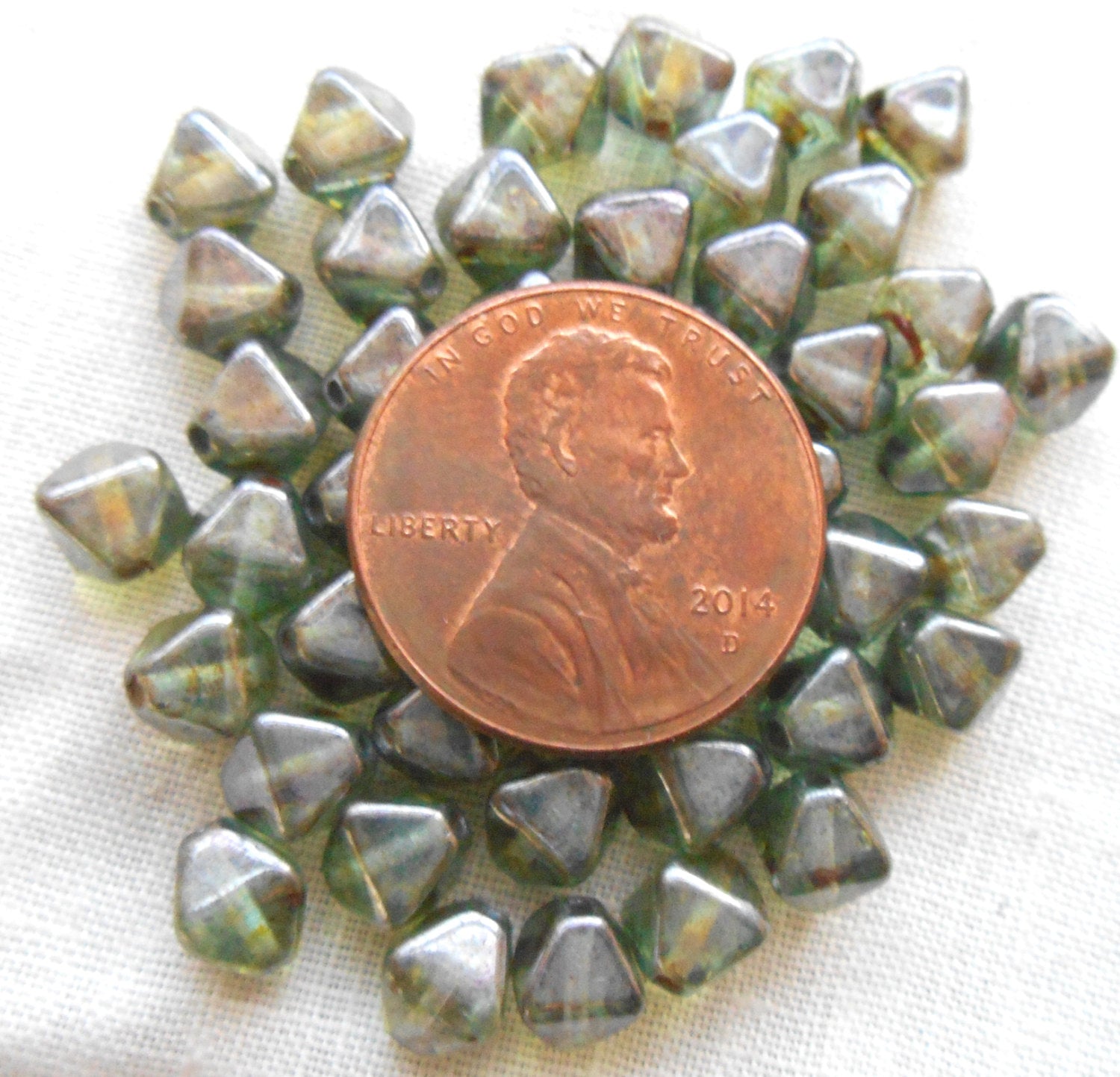 50 6mm iridescent Lumi Green bicone pressed glass Czech beads, earthy, rustic beads C0750