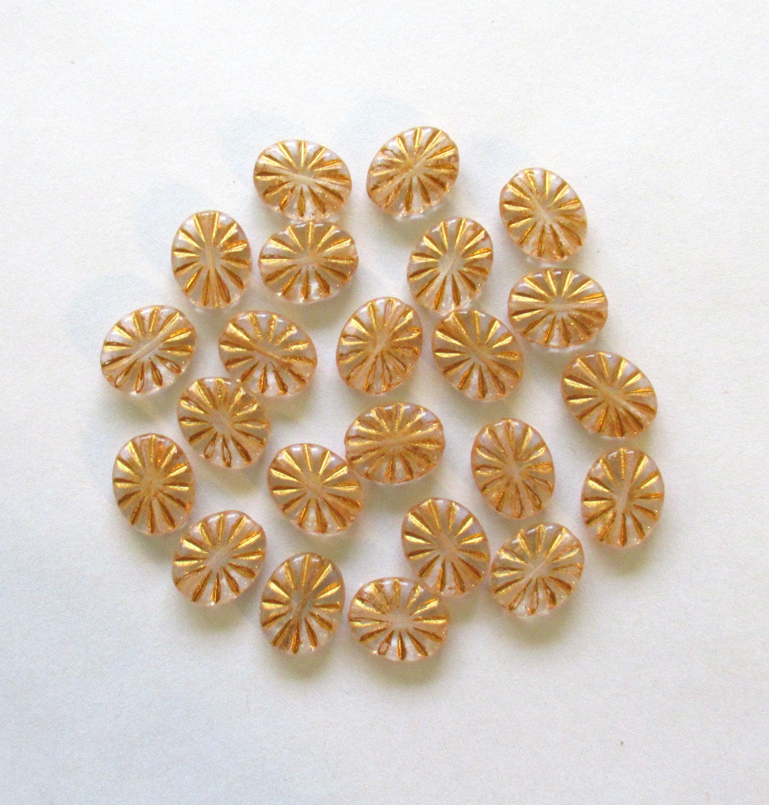 Czech glass oval beads - crystal clear beads with a gold wash - 14mm x 11mm - sun burst pressed glass beads - 8 beads - C0431