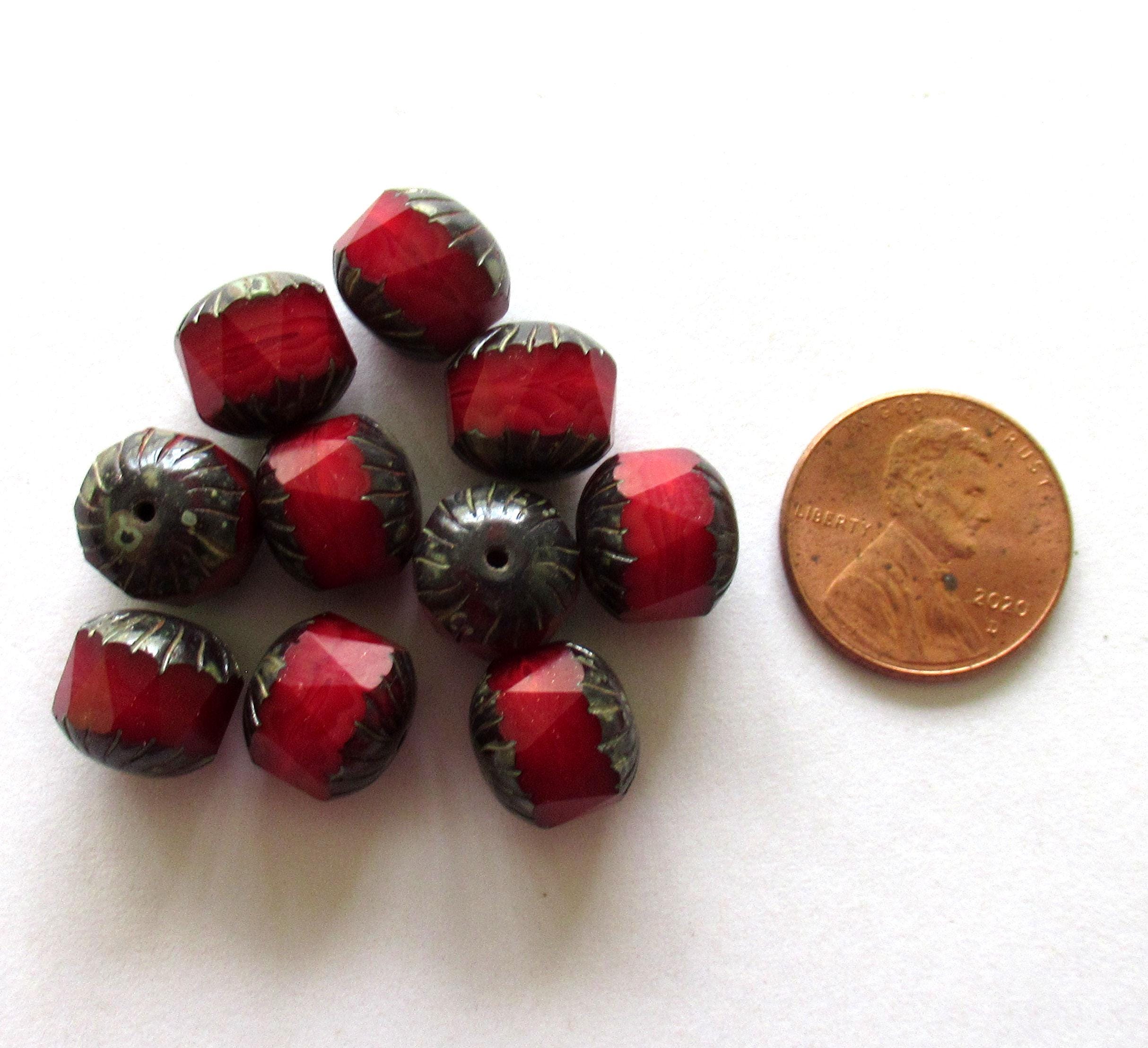 Ten large Czech glass center faceted carved cruller beads - 10mm - round light garnet red silk cathedral beads with picasso accents - 00005