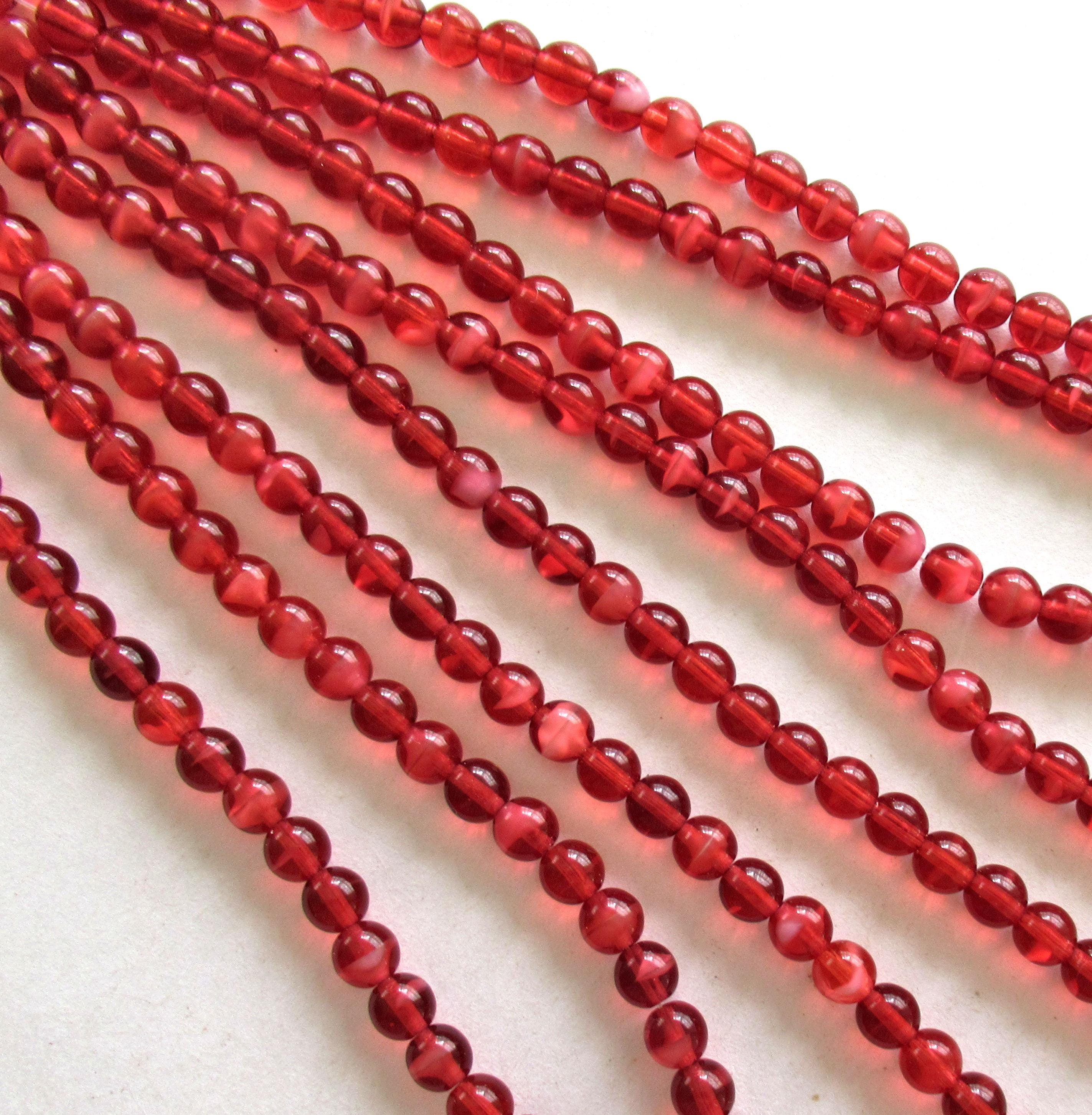 50 6mm Czech glass pink druk beads - pearl fuchsia deep pink - cranberry red smooth round druks with white hearts - C0009