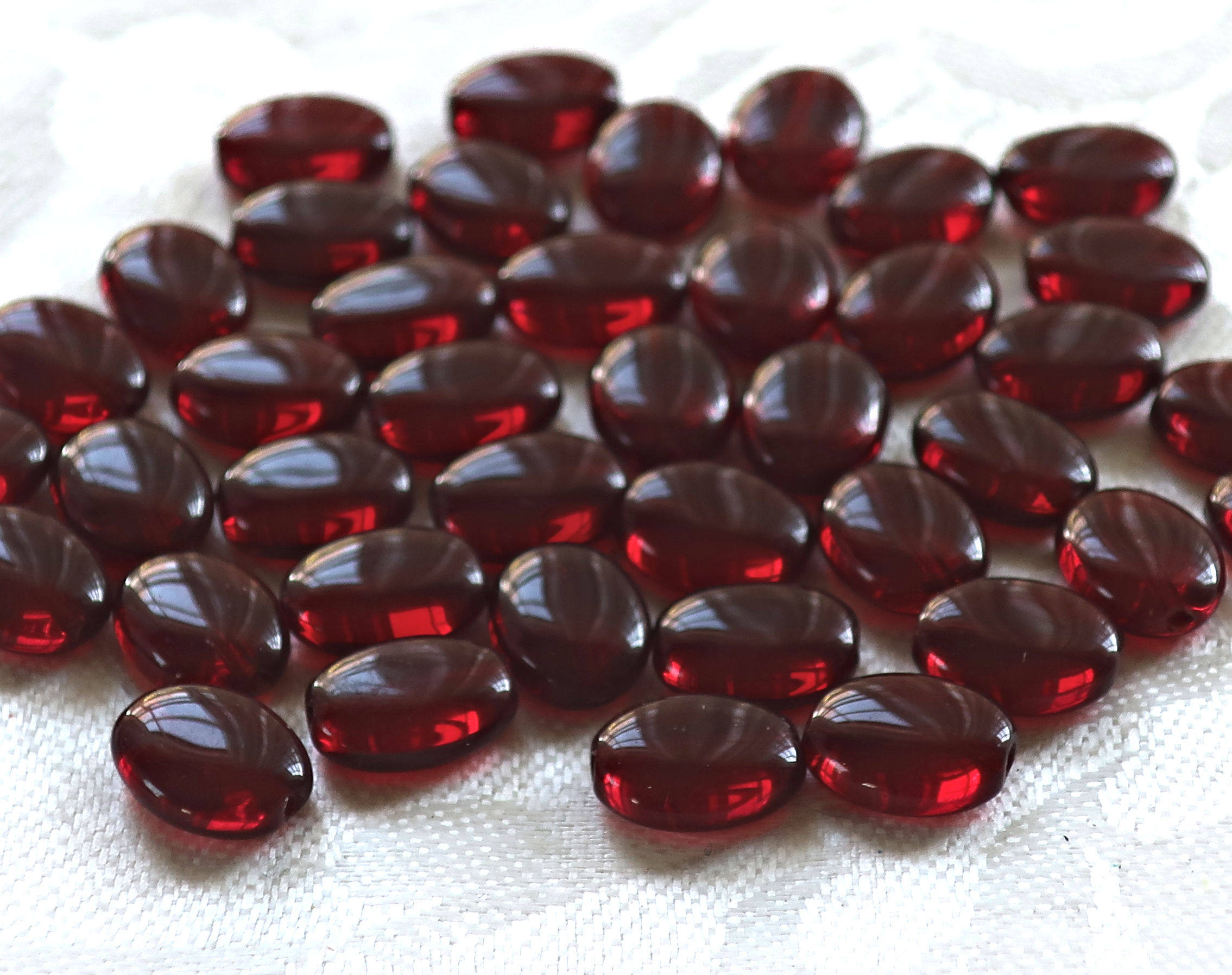 25 transparent garnet red flat oval Czech Glass beads, 12mm x 9mm pressed glass beads C0055