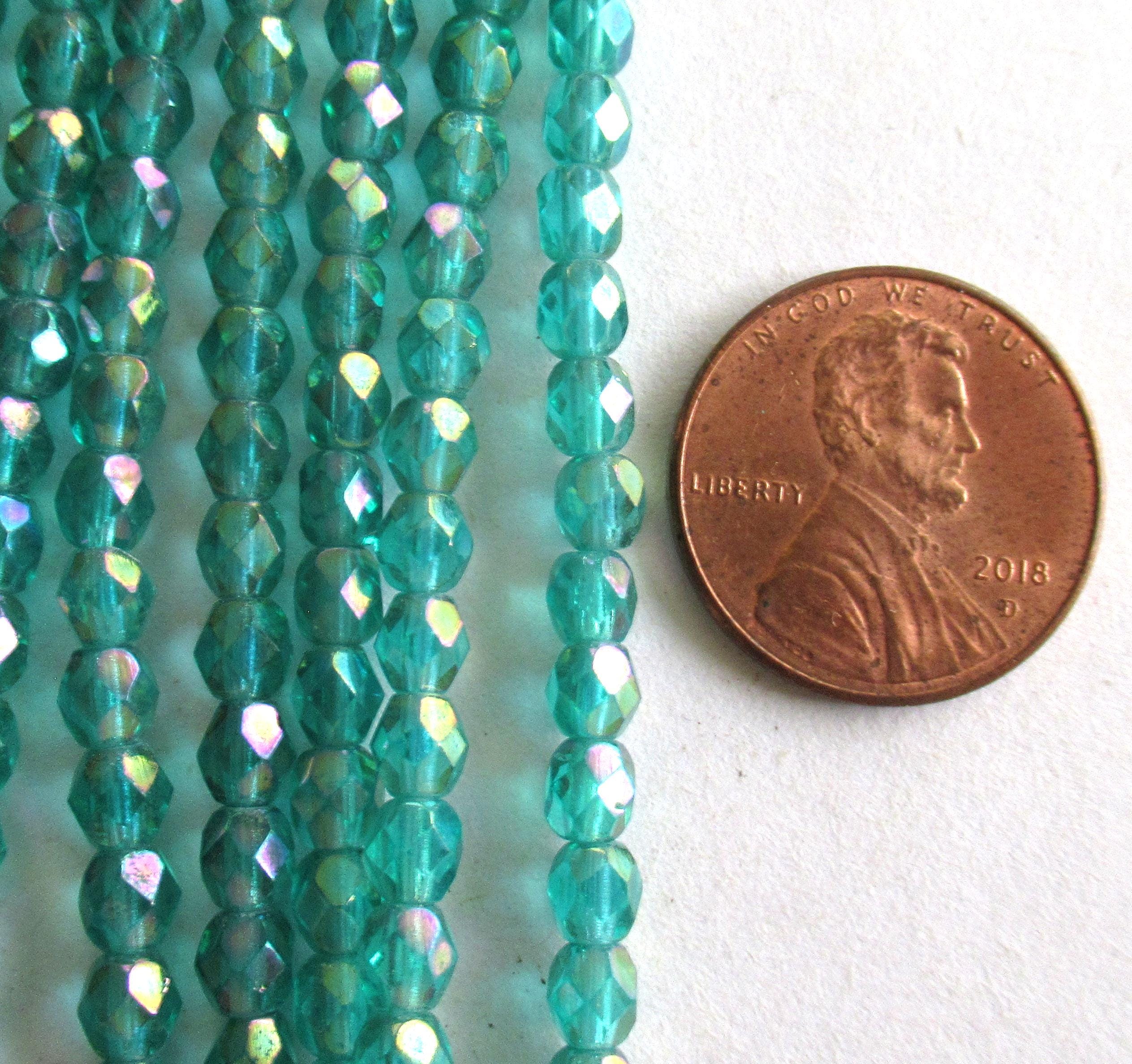 Lot of 50 4mm Czech round glass beads - light teal blue green luster iris - faceted fire polished beads C0075