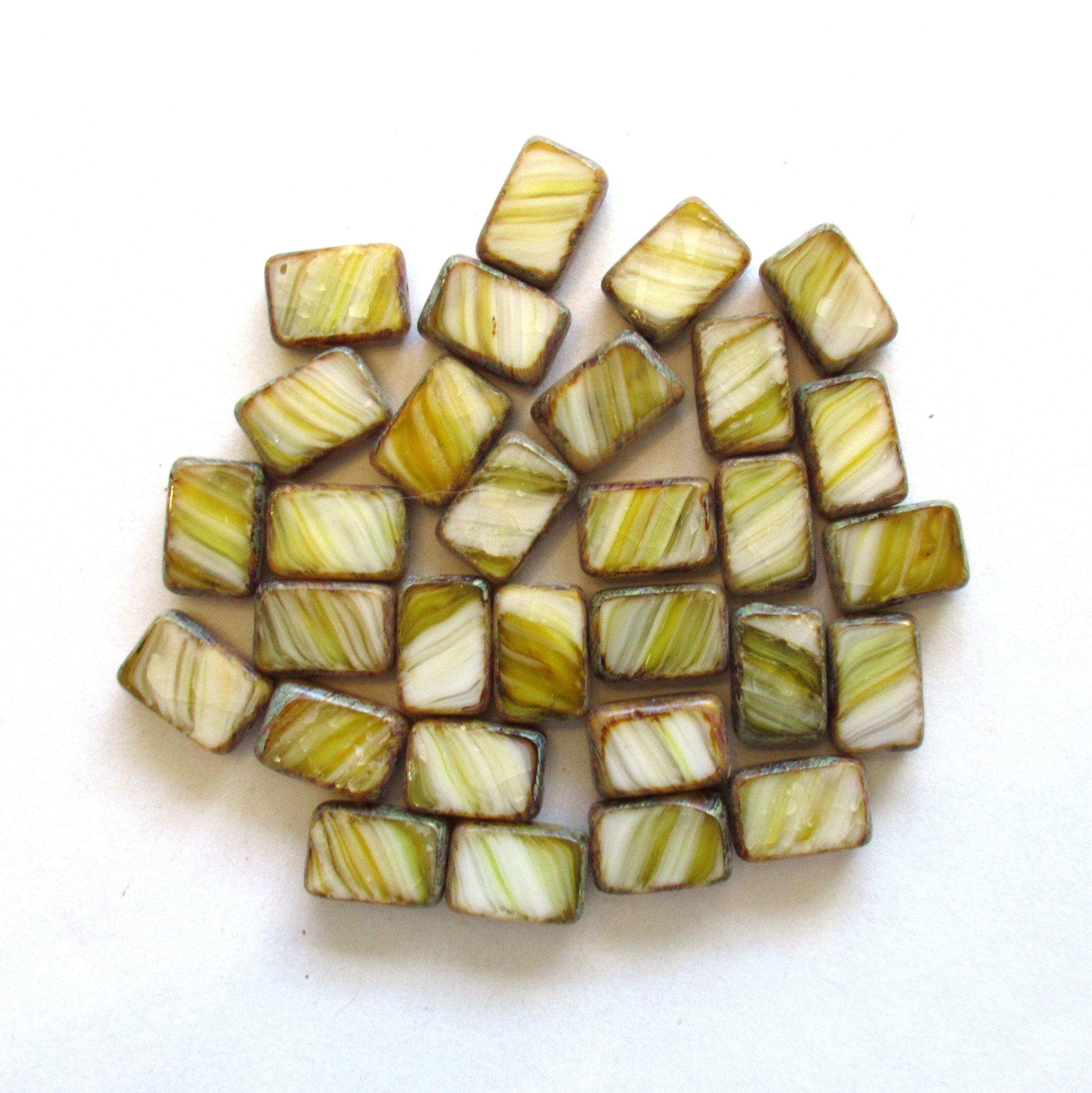 10 Czech glass rectangle beads - yellow & white striped picasso beads - 12 x 8mm - rectangular table cut beads - C00621