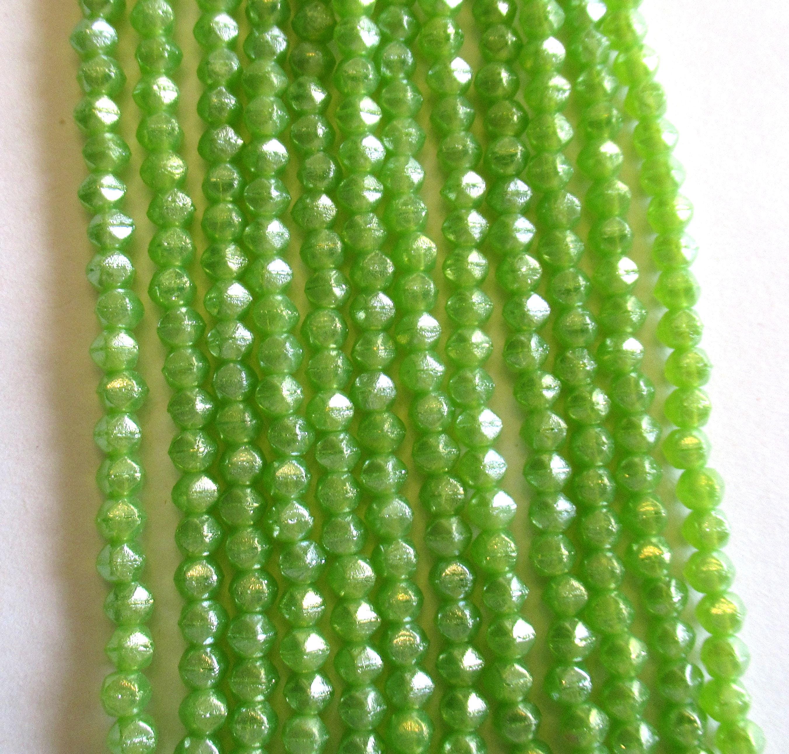 100 3mm English cut Czech glass beads - luster iris milky dark peridot green spacer beads - pressed glass beads - C0019