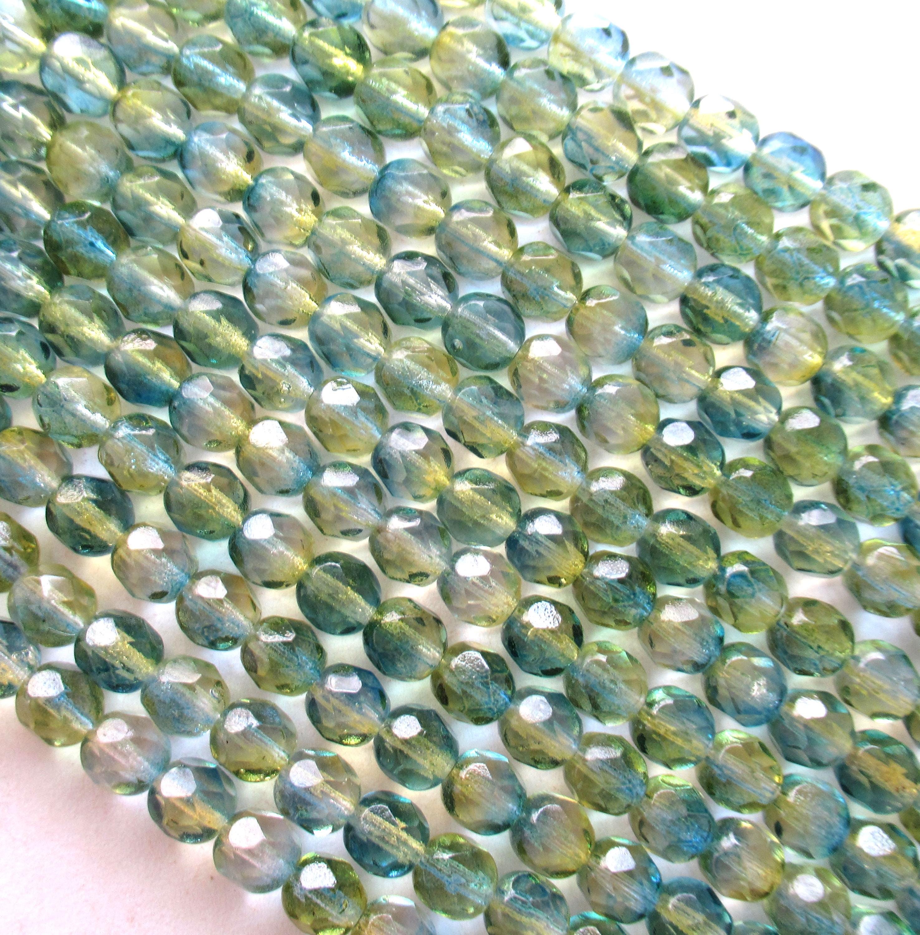 25 6mm Czech glass beads - blue & yellow coated color mix - fire polished - faceted beads - C0075