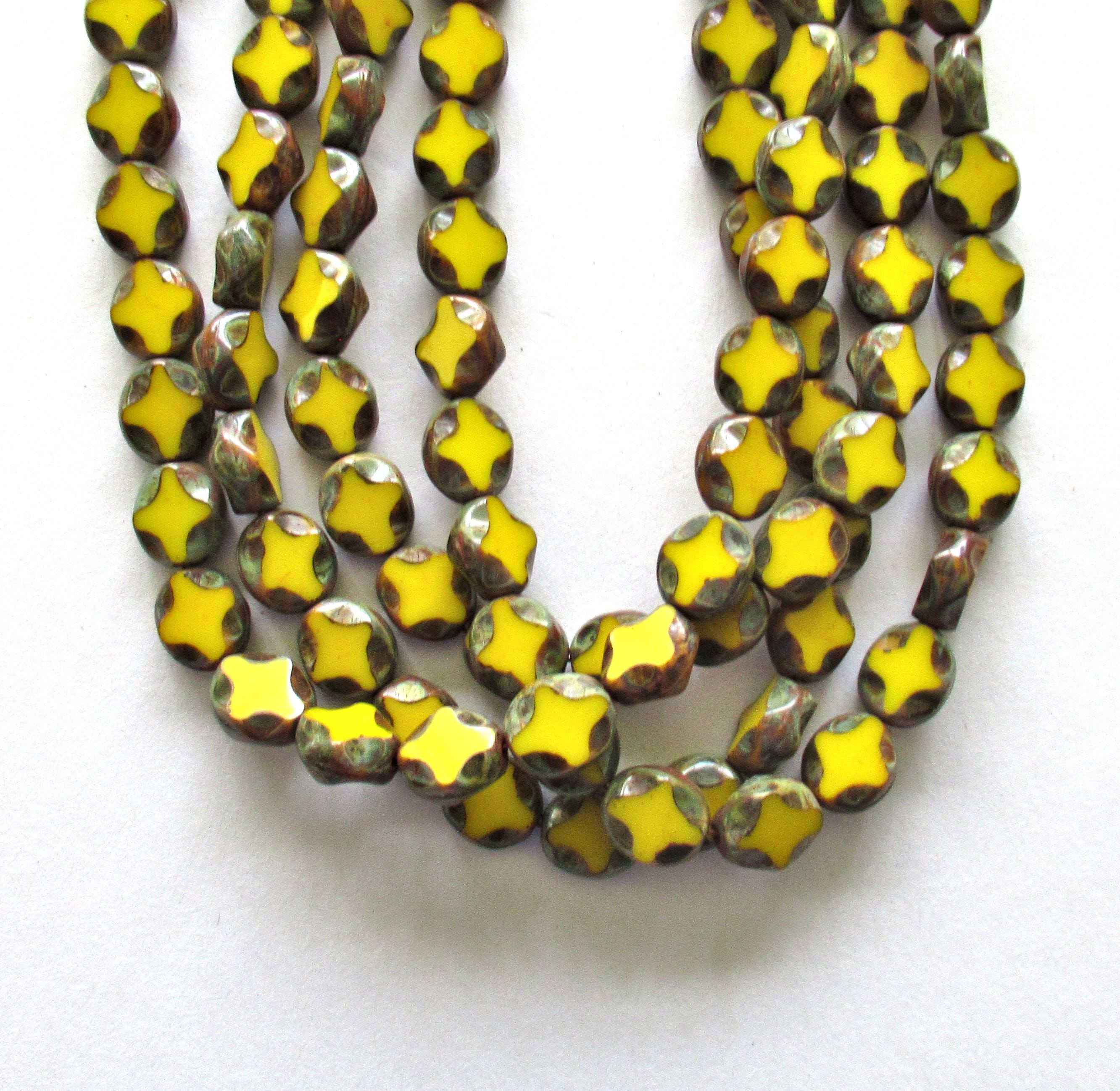 15 Czech glass oval beads - 9 x 8mm - opaque yellow picasso beads - carved table cut beads with a diamond pattern - C0251