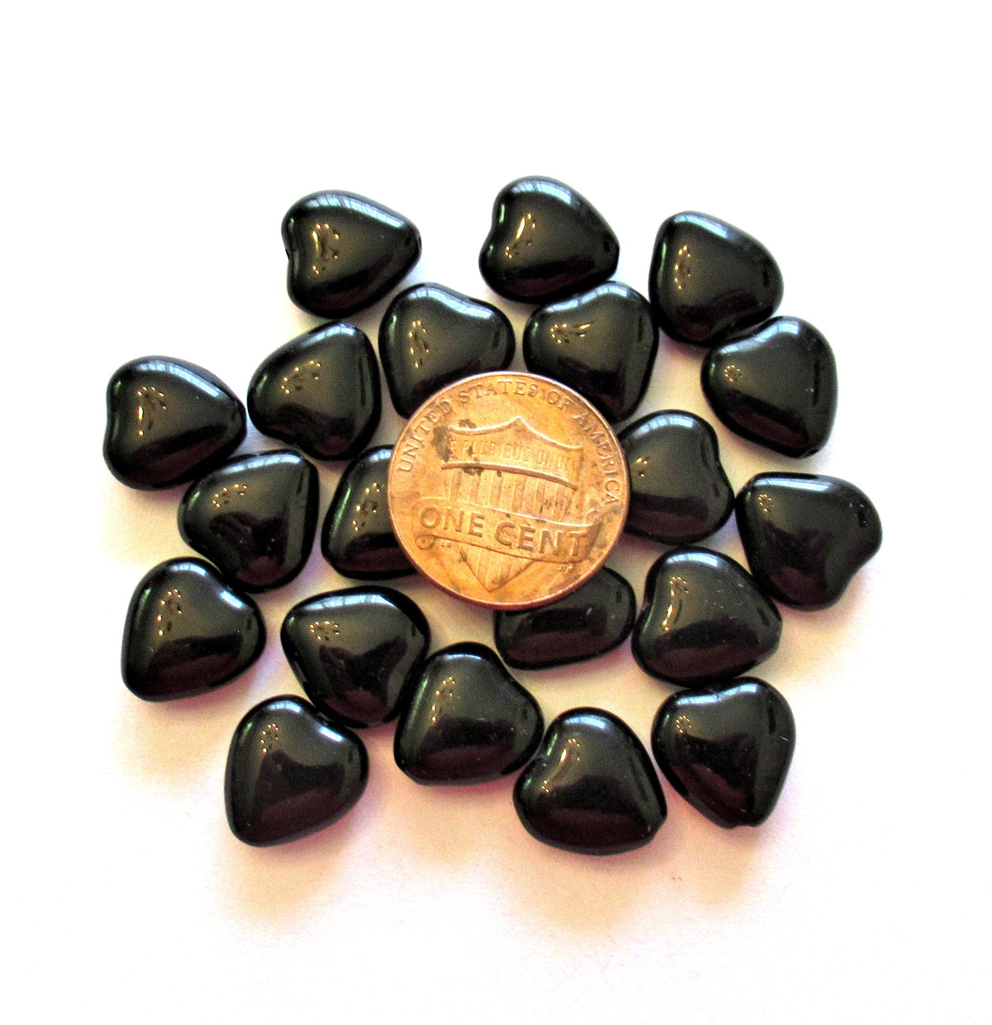 15 Czech glass heart beads - 12 x 11mm opaque black heart shaped beads C0066