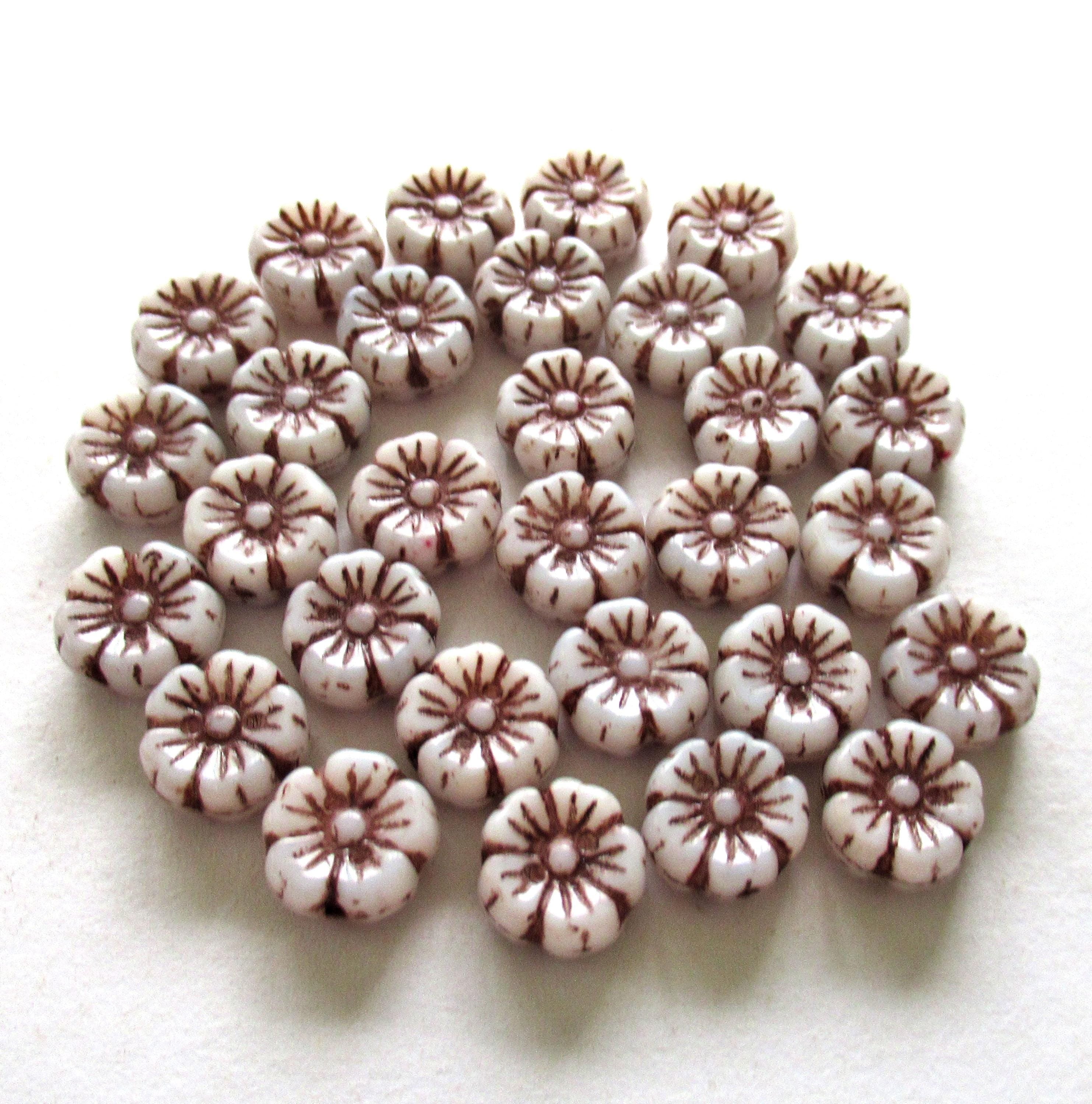 Fifteen Czech glass flower beads - 10mm - opaque white beads with a brown wash - Hawaiian hibiscus flower beads C00121