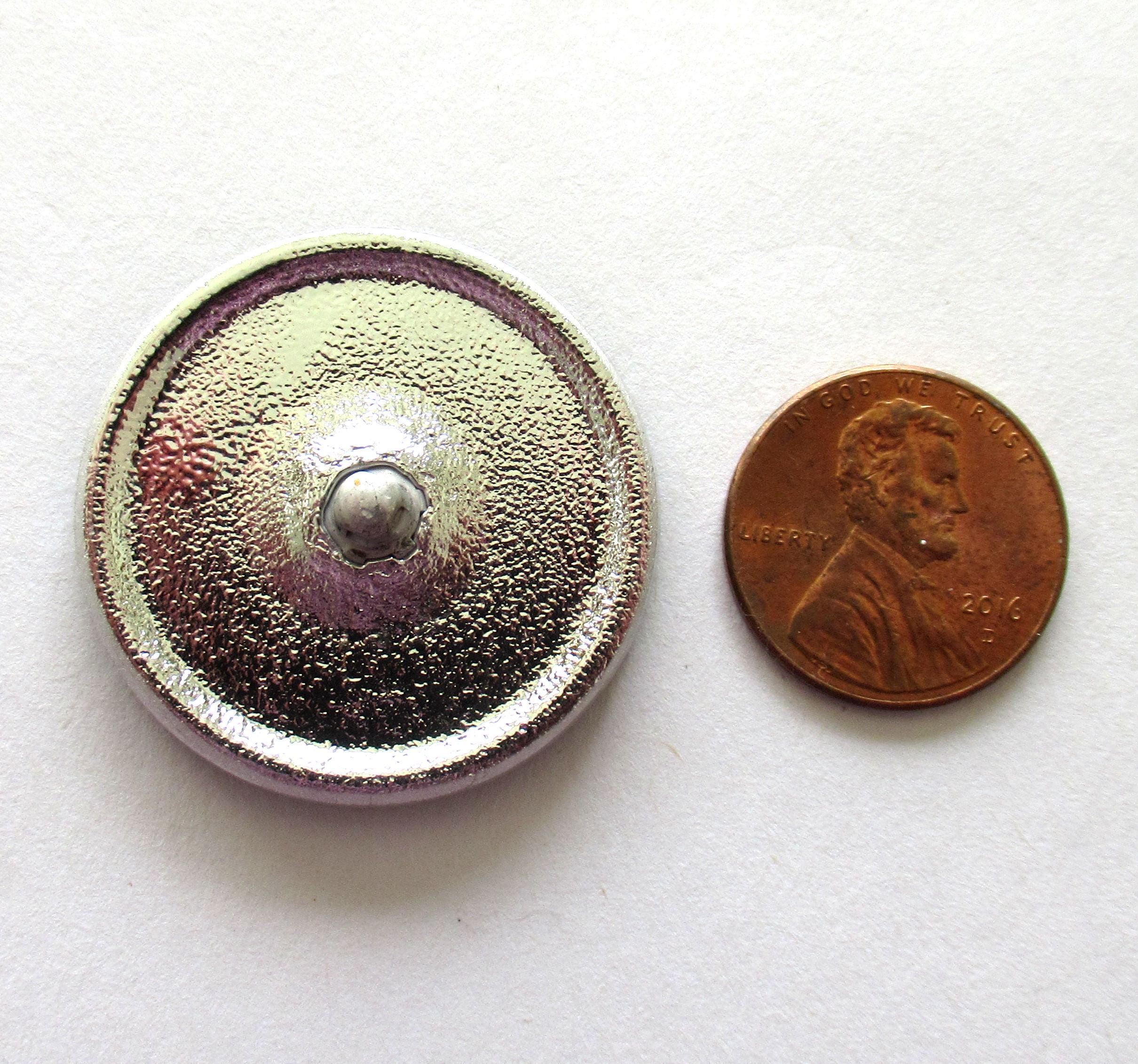One large Czech glass flower button - iridescent purple pink & orange button with silver accents - 31mm - decorative shank button - 00004