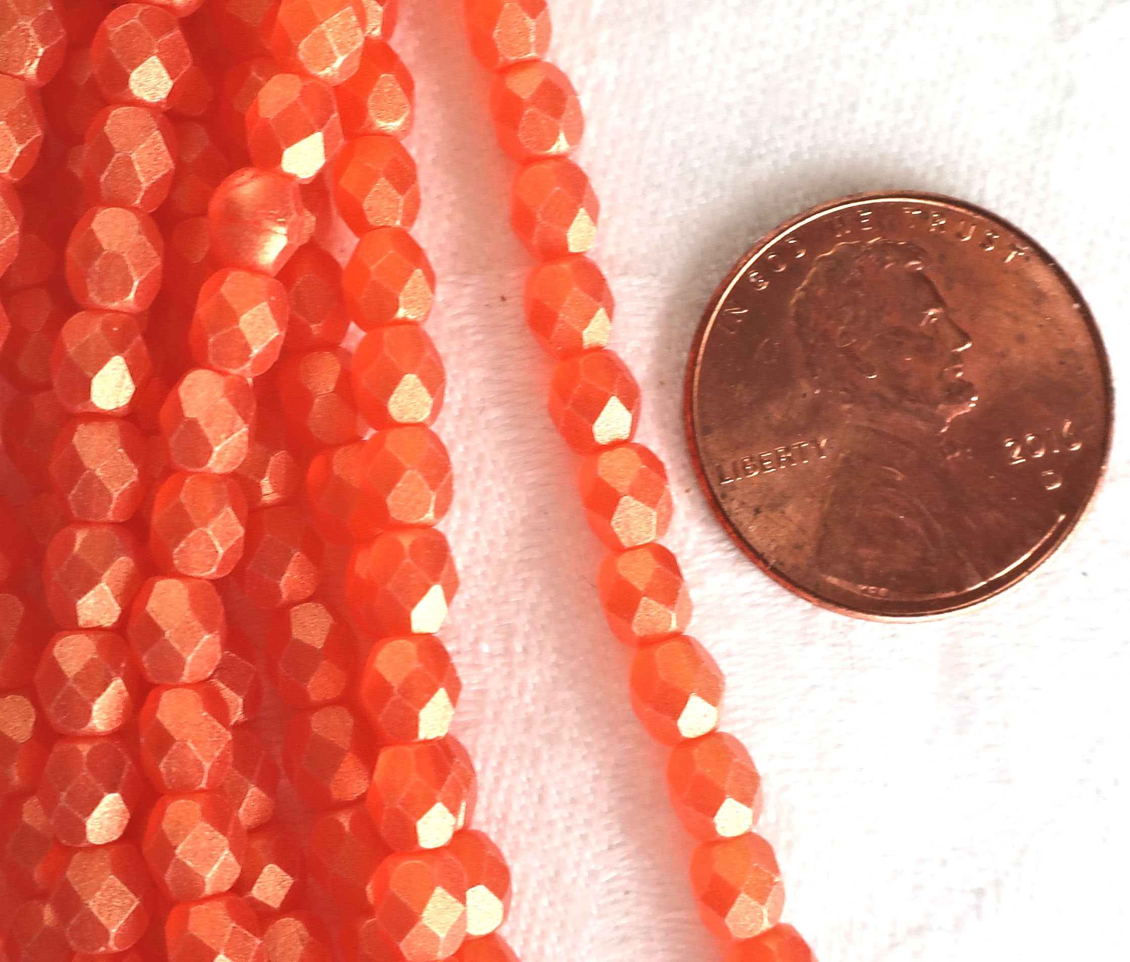 Lot of 50 4mm Czech glass beads, bright orange, sueded gold hyacinth faceted fire polished beads 9601