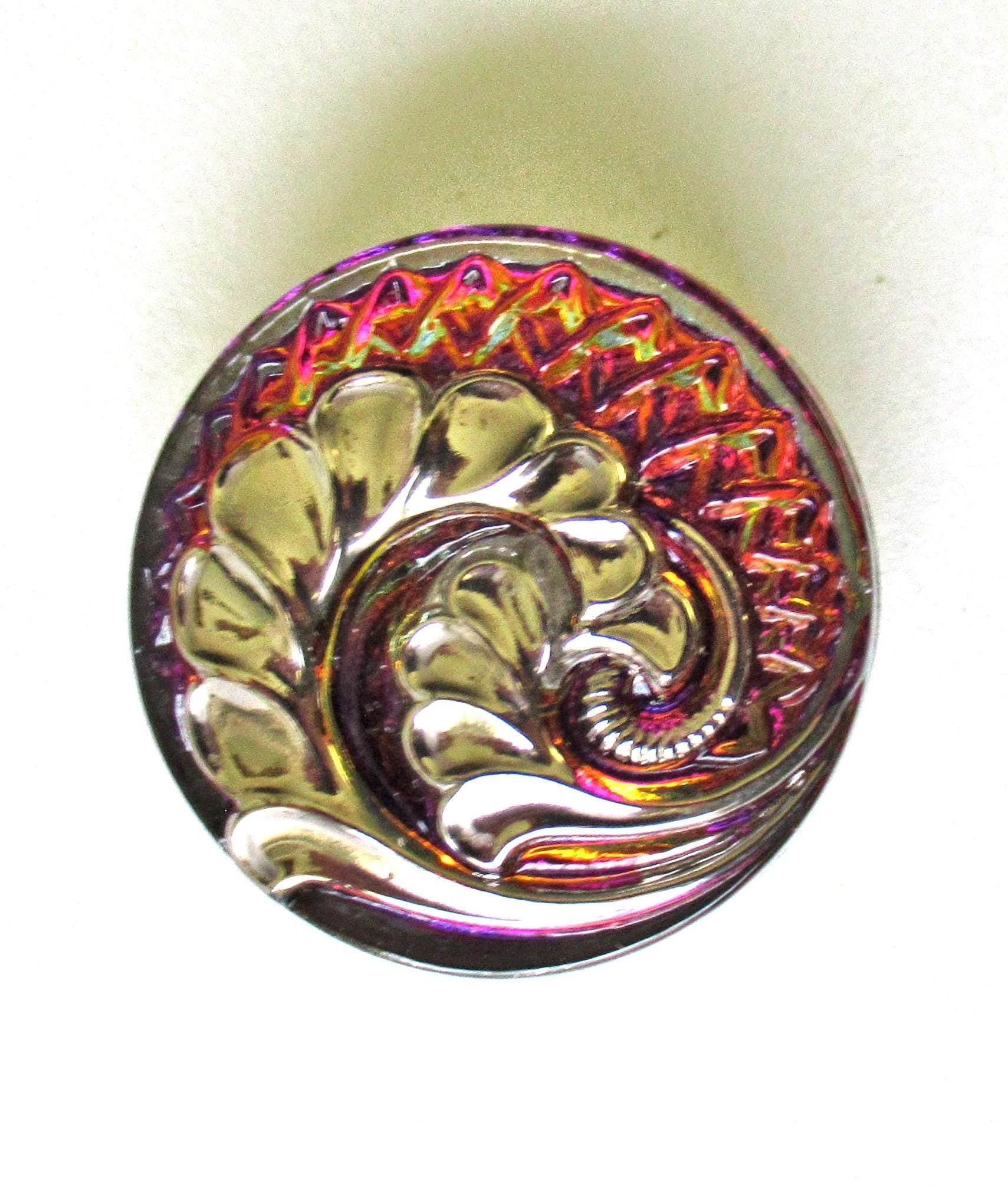 One large 27mm Czech glass frond button - iridescent pink purple & orange with silver - ornate decorative shank button - C00072