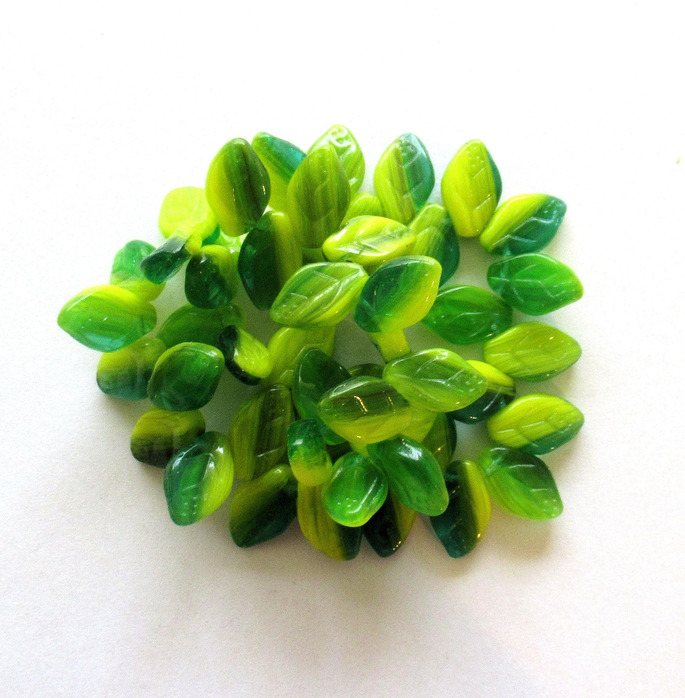 25 Czech glass leaf beads bright -green & yellow marbled mix - 12 x 8mm - side drilled leaves - C00501
