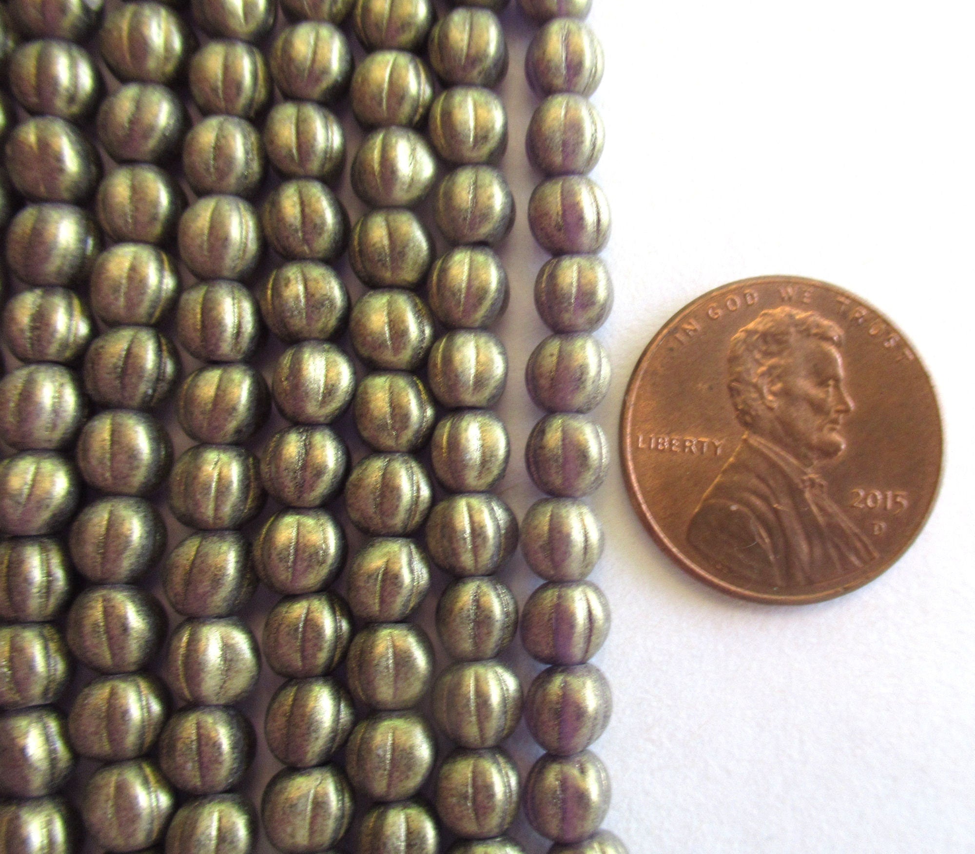 Fifty 5mm Czech glass melon beads - Sueded Gold Tanzanite / purple beads with a matte gold finish - pressed glass beads C0016