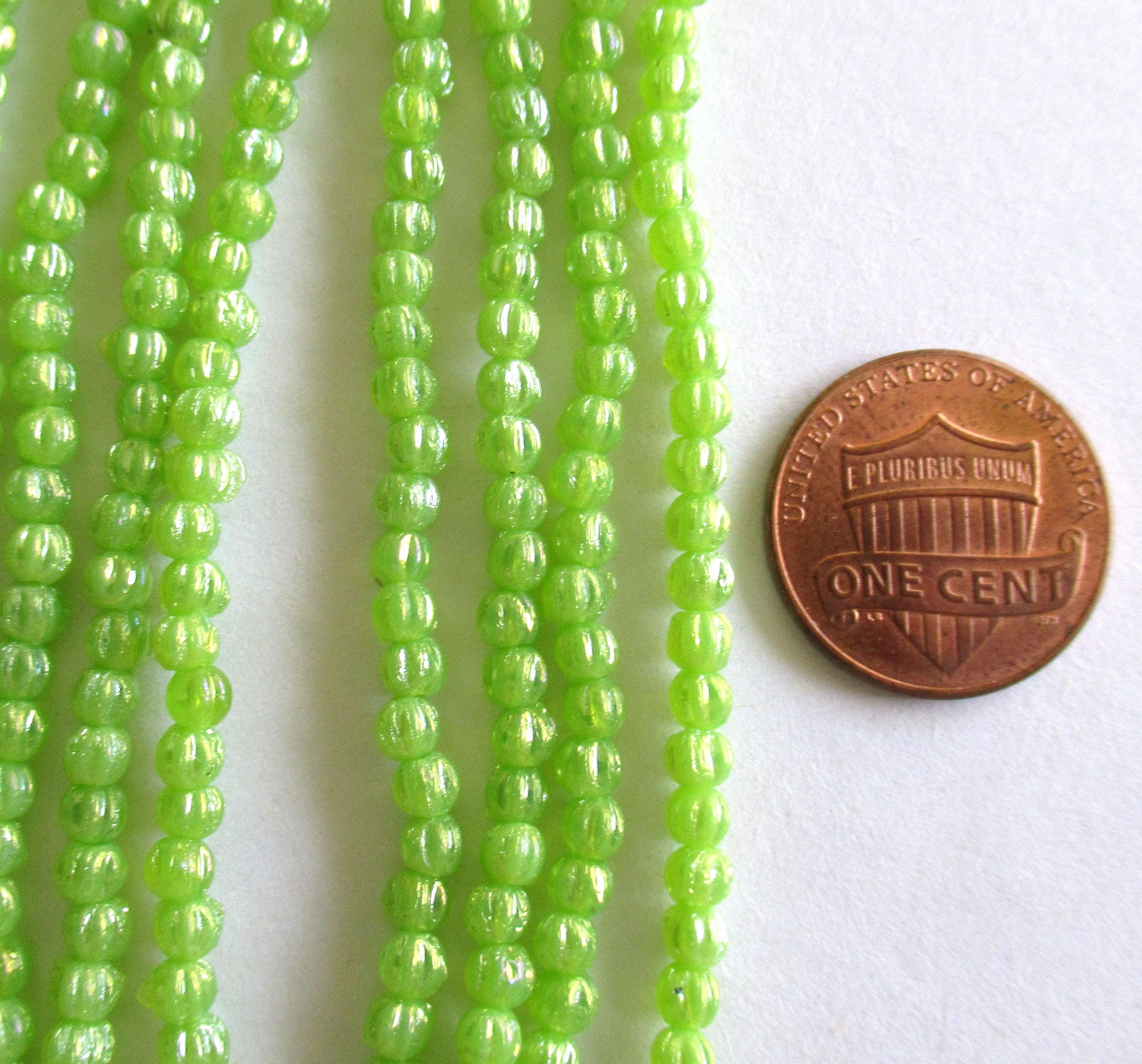 Lot of 100 3mm Czech glass melon beads - Luster Iris Milky Dark Peridot - bright green luster beads - pressed glass spacer beads - C00011