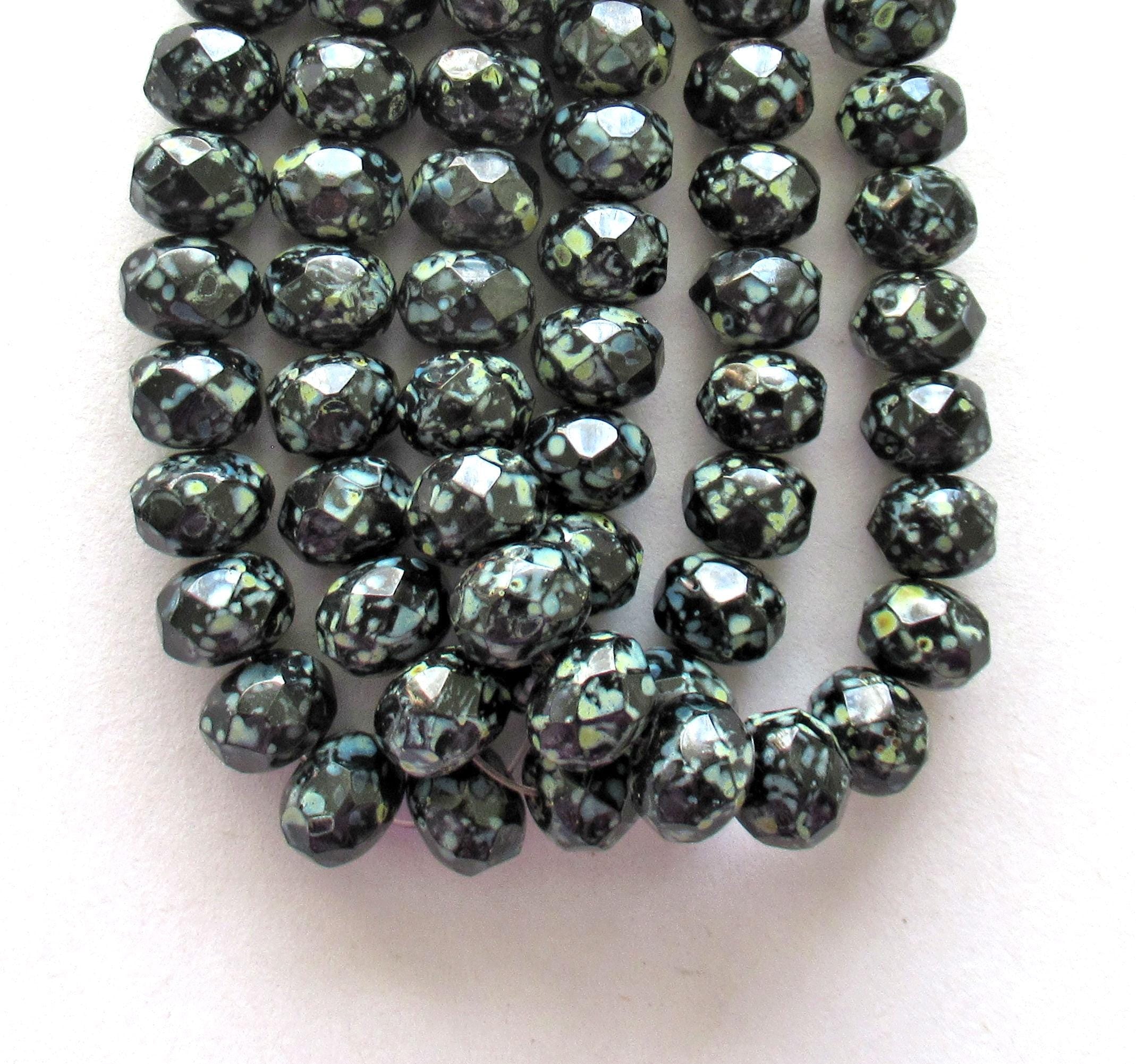 25 Czech glass puffy rondelles - 6 x 8mm jet black with a full picasso coat - faceted fire polished donut beads - C00591