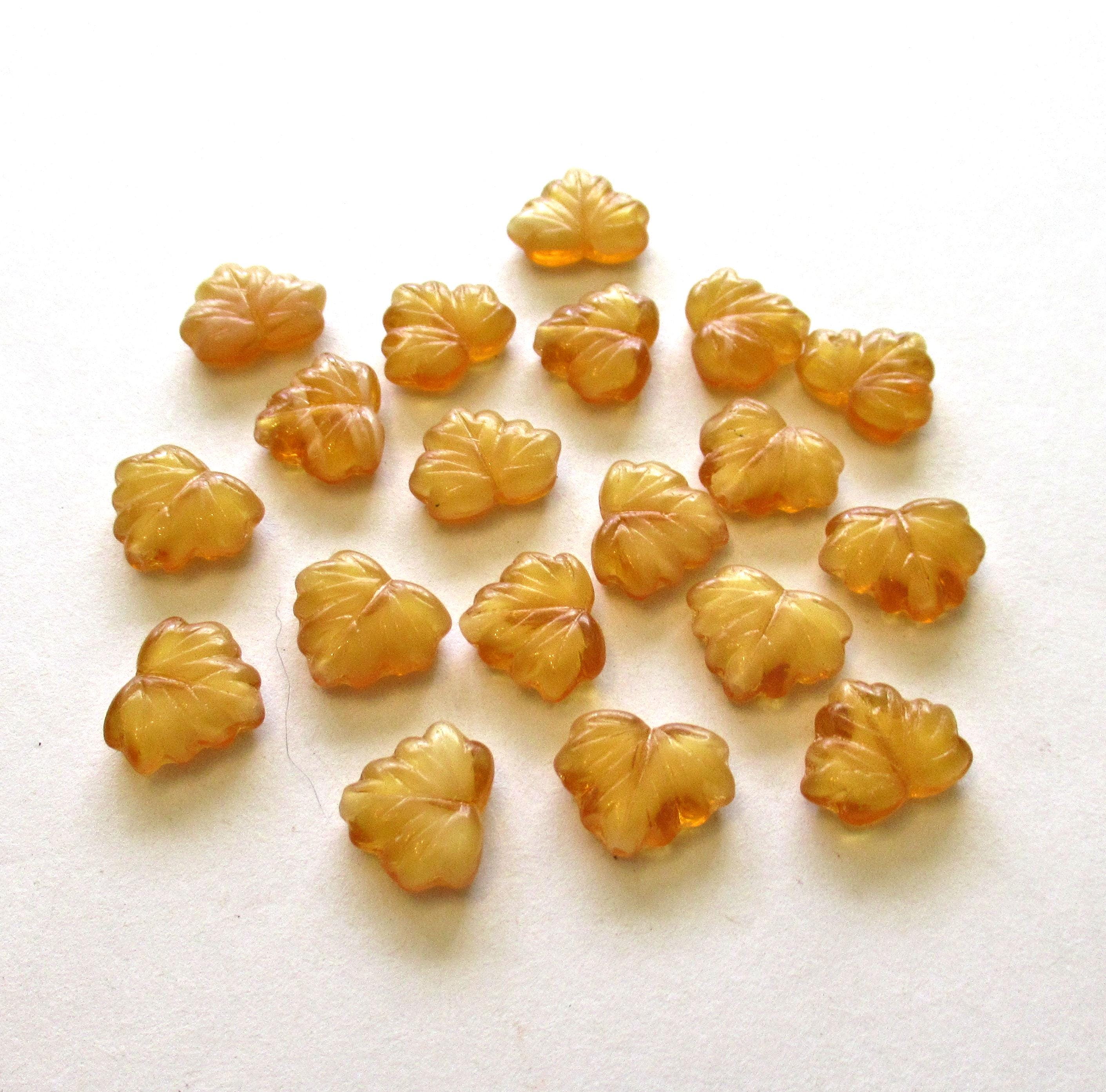 10 Czech glass maple leaf beads - amber leaves with white hearts - center drilled - 13 x 11mm leaves- C00201