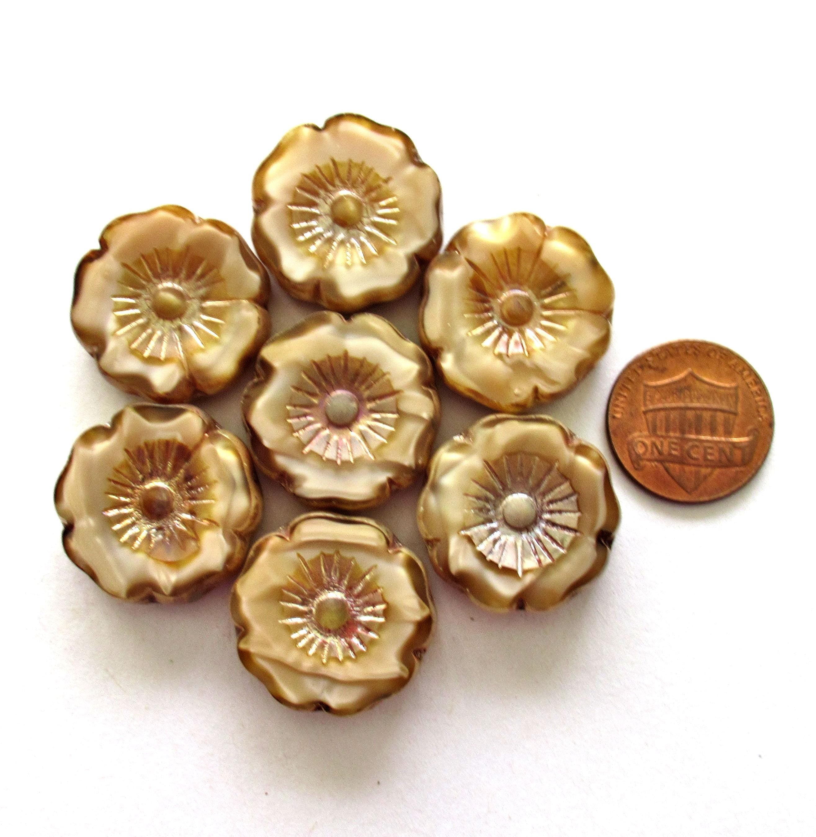 Two large 22mm Czech glass flower beads - Table cut carved silky marbled beige picasso beads - Hawaiian hibiscus focal flower beads - 00881