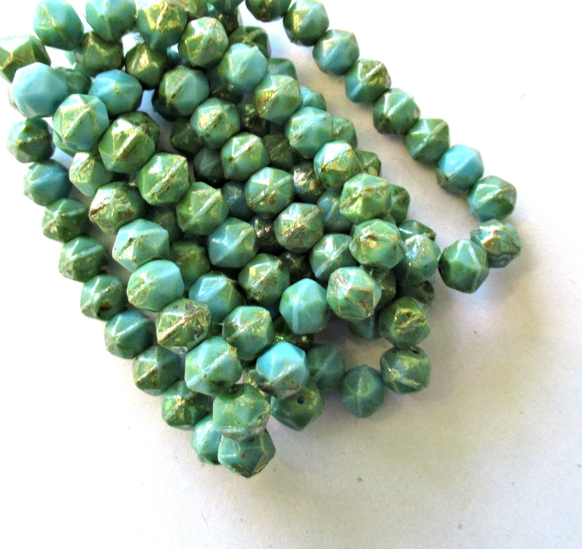 20 8mm Czech glass faceted English cut beads - turquoise blue green beads with a picasso finish - C00031