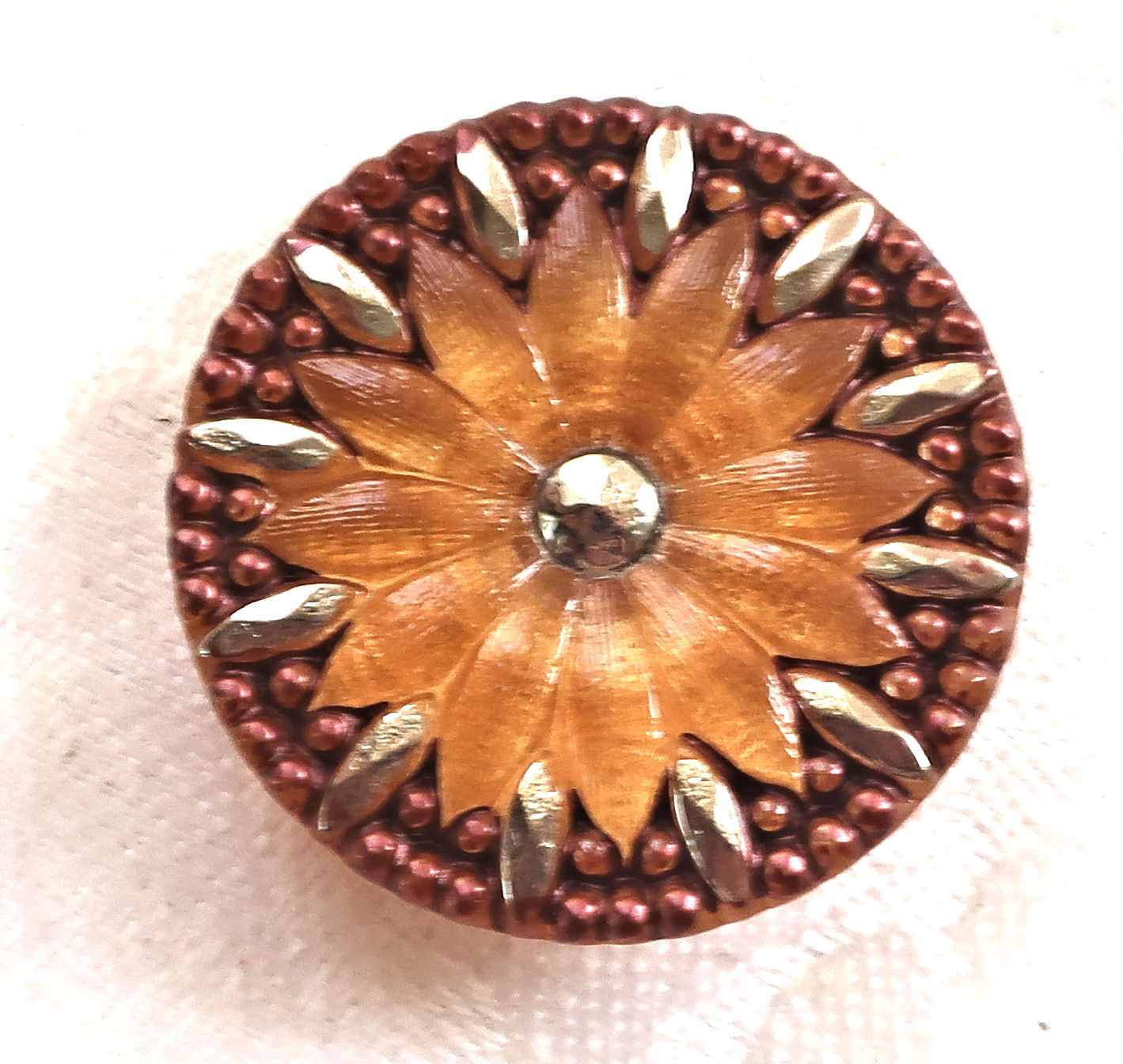 One 31mm Czech glass flower button, caramel and copper brown floral button with silver accents, floral decorative shank buttons 79201