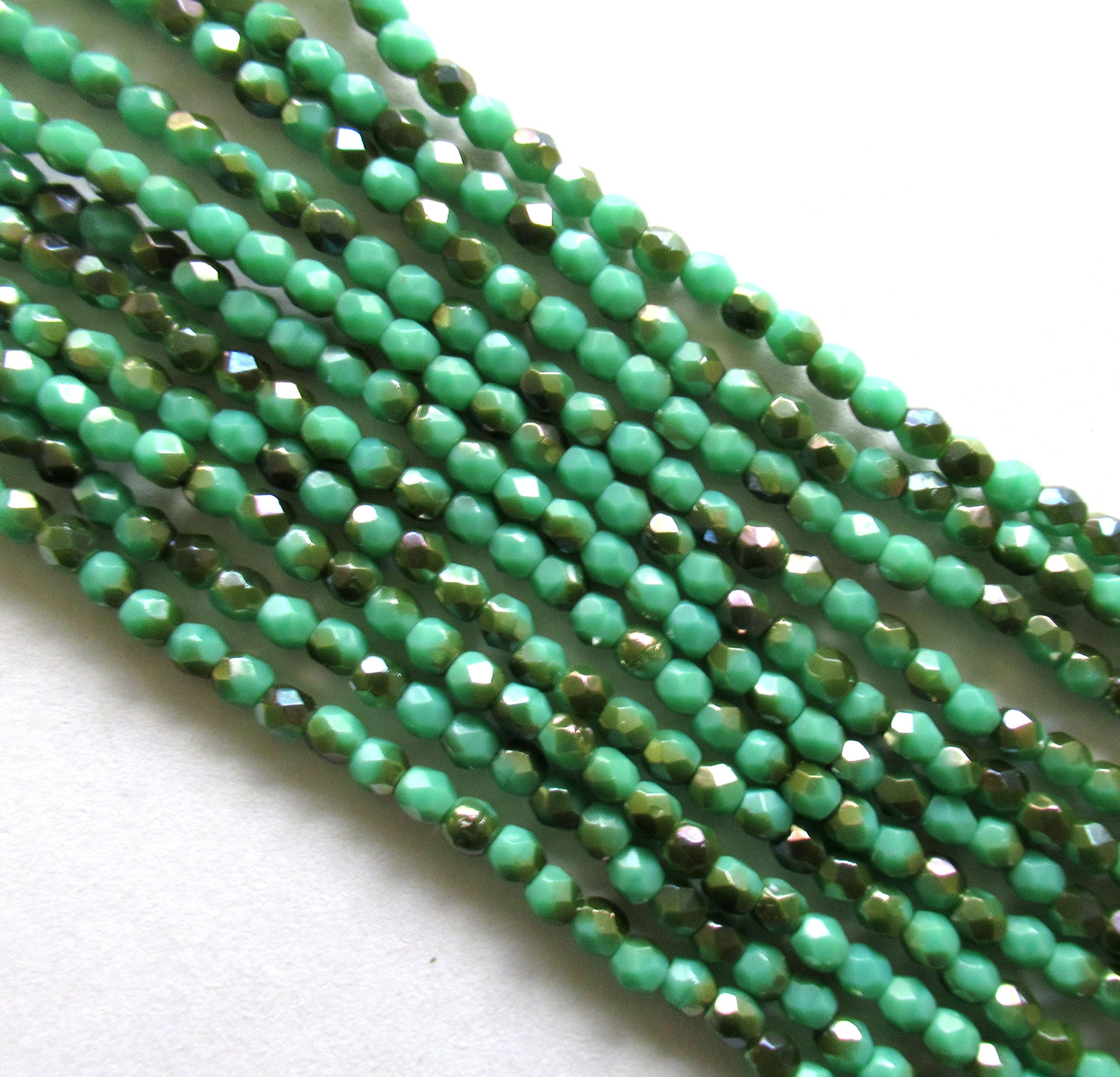 50 3mm Czech glass beads - opaque turquoise green celsian beads - fire polished faceted round beads - C0026